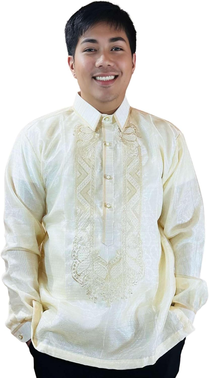Barong Tagalog for Men, Long Sleeve Traditional Filipino Shirt, Organza with Pina Embroidery - US Size