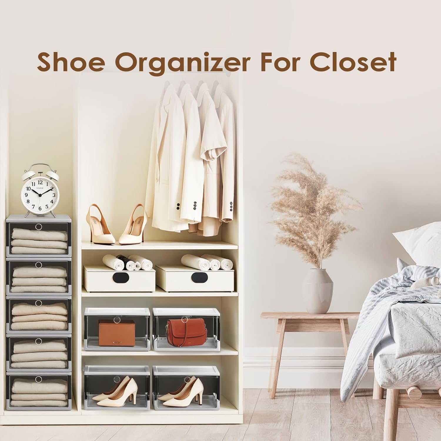 Clear Stackable Shoe Boxes with Magnetic Door, 3 Pack Thick Plastic Shoe Organizer for Closet, Dustproof Storage, Fits up to US Size 13