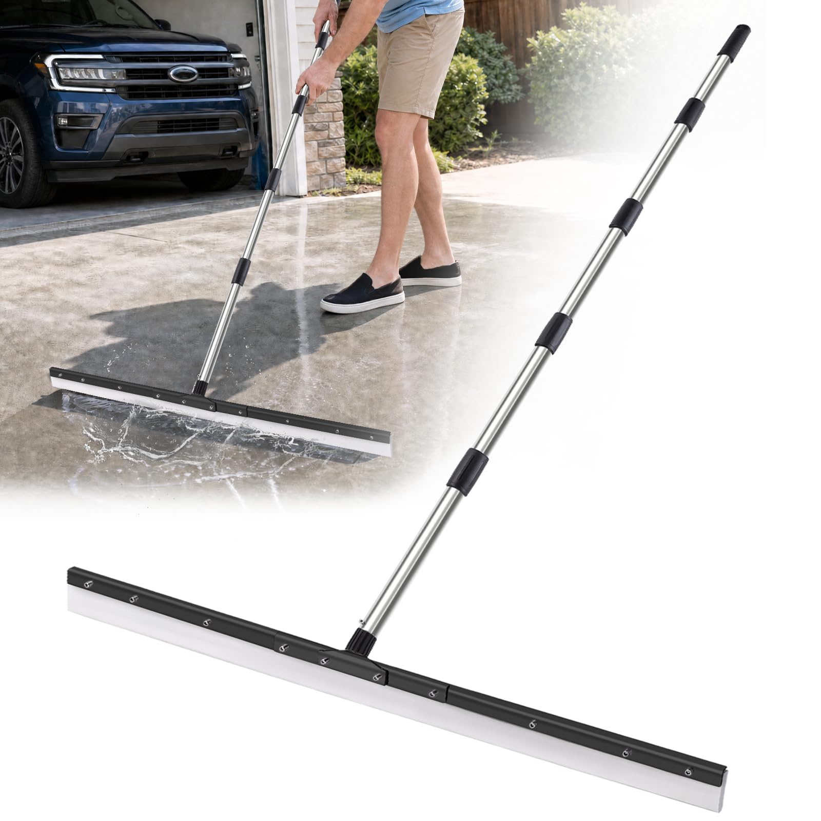 34" Commercial Large Floor Squeegee with 73" Handle for Concrete Tile Floor | Heavy Duty Squeegee for Floor, 0.2" Thick Rubber Squeegee Broom, Adjustable Long Water Squeegee for Garage, Warehouse
