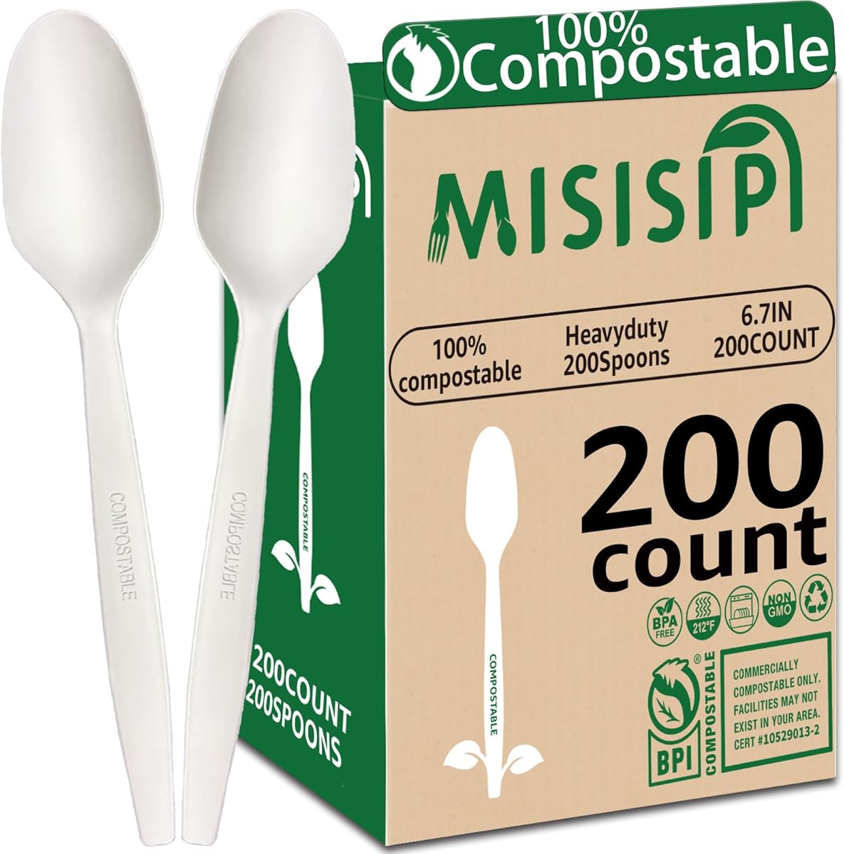 MISISIPI 200Count 100% Compostable Spoons Biodegradable Spoon HeavyDuty No Plastic Spoons Eco-friendly HeavyWeight Disposable Spoon Tableware Set for Lounge,Party,BBQ,Cafeteria,Wedding,Picnic