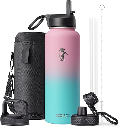 Coolflask - Botella de agua de 40 onzas aislada, con popote y 3 tapas, de acero inoxidable con boca ancha, libre de BPA, mantiene bebidas frías