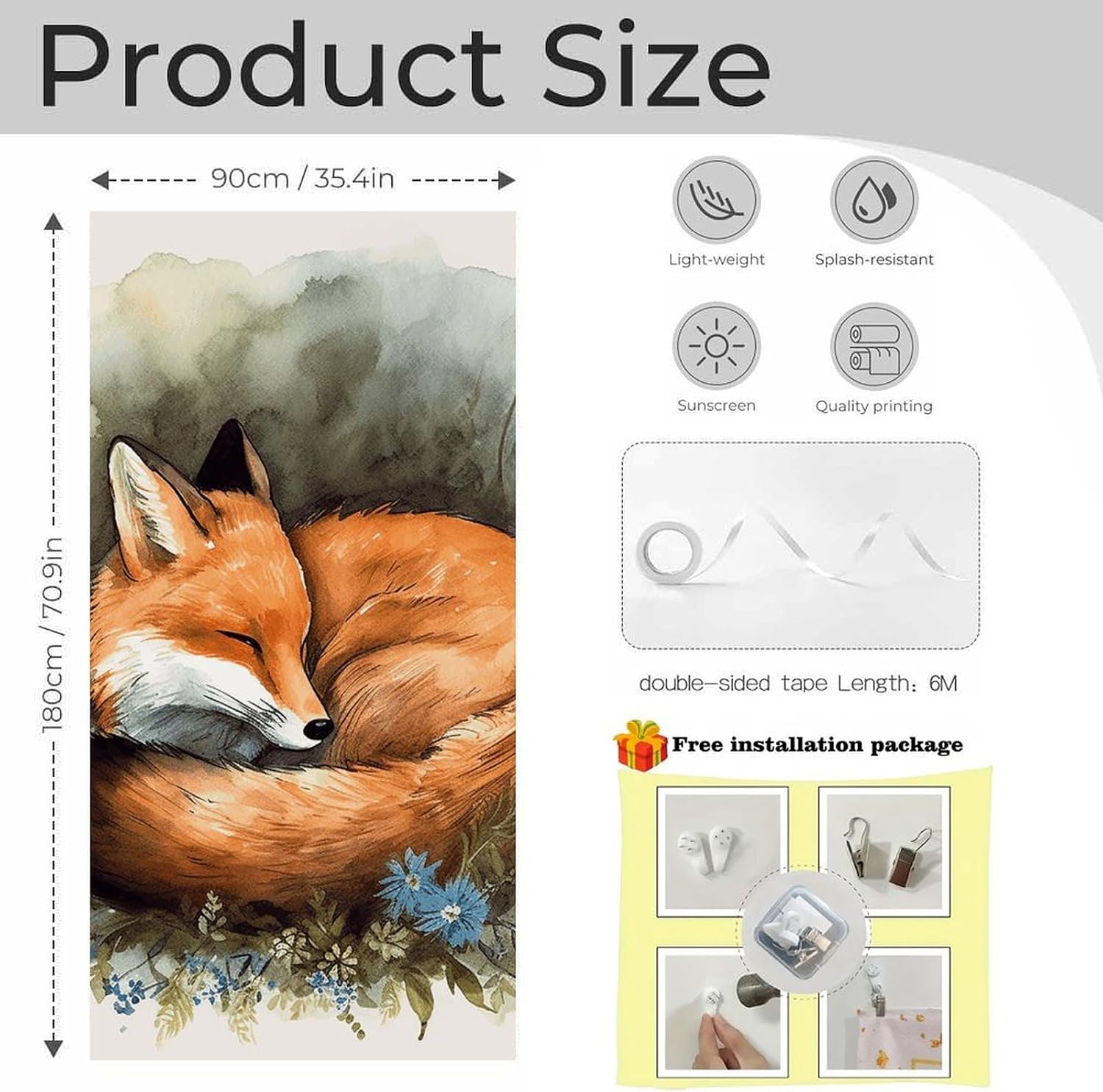 A Sleeping Fox Door Curtain Temporary Doorway Privacy,No Drill Print Privacy Curtains Easy Install Windows Curtains, for Glass Door/Patio Doors Gift 30.4 X 70.9 in