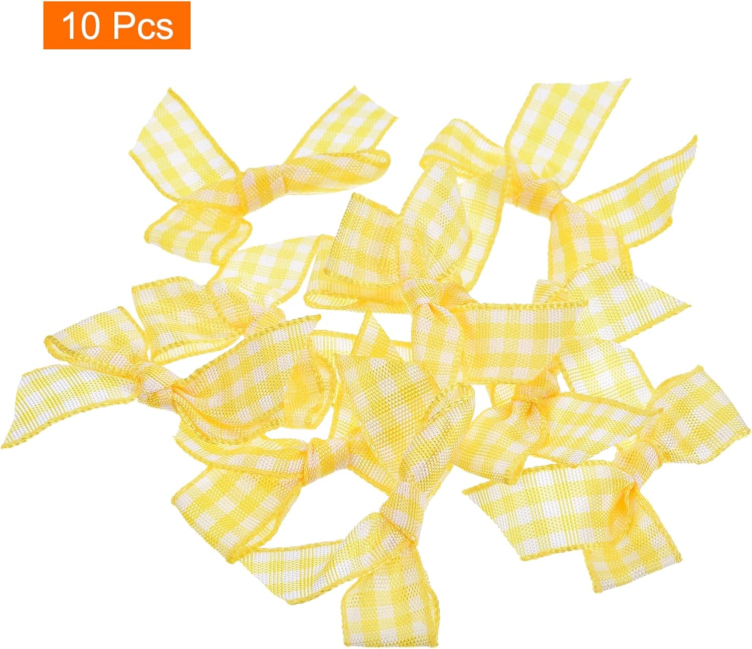 MECCANIXITY 10Pcs Mini Gingham Ribbon Bow 1.5" Checkered Fabric Satin Ribbon Bows for Craft DIY Hair Bow Sewing Wedding Birthday Party Yellow and White