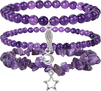 Amethyst Crystal Stone Bracelets, 3Pcs Natural Healing Gemstone Elastic Beads Chain Jewelry with Alloy Pendant, Purple Handmade Good Luck for Girls Women