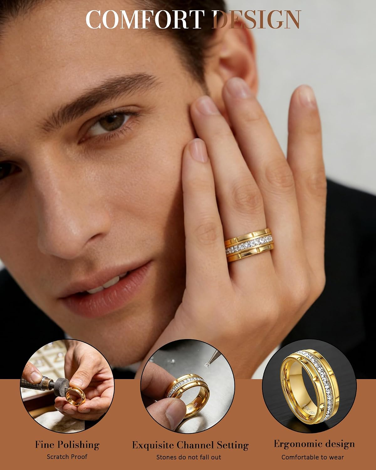 8mm Mens Wedding Bands Gold CZ Inlay Beveled Polished Shiny Comfort Fit, 18K Gold Plated Eternity Rings Engagement Silver Mens Wedding Rings Size 5-12