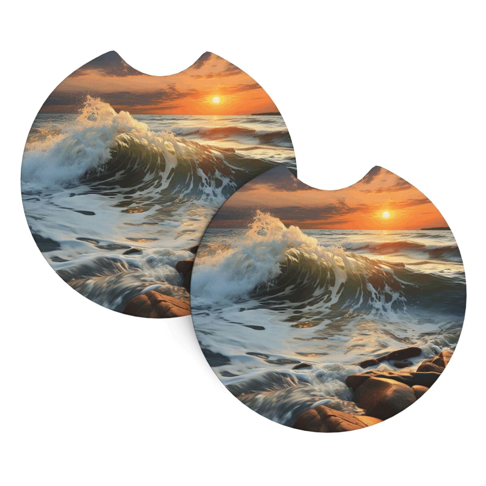 2PCS Car Coaster for Cup Holders Universal Auto Cup Mat Rocky Wave Sunset Painting Cup Coaster Pad 2.7" Waterproof Neoprene Non-Slip Cup Holder Coasters Car Interior Accessories for Women Men