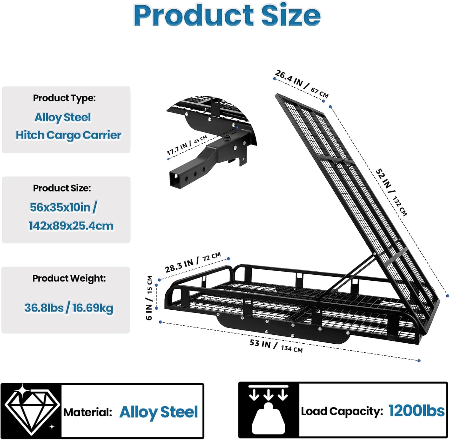 Mobility Scooter Carrier Fit 2" Receiver, Heavy Duty Folding Cargo Rack 1200 LBS - Foldable Ramp & 56x35x10Inch Basket, Rust-Proof for Trucks, Vans & Wheelchair Transport