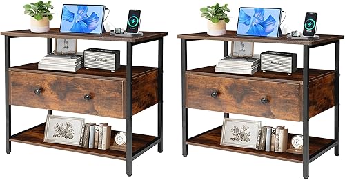 Miniatura 26 de Mesita de noche de 27 pulgadas de ancho con estación de carga, mesita de noche con estante abierto, cómoda pequeña de madera con 2 cajones, mesita