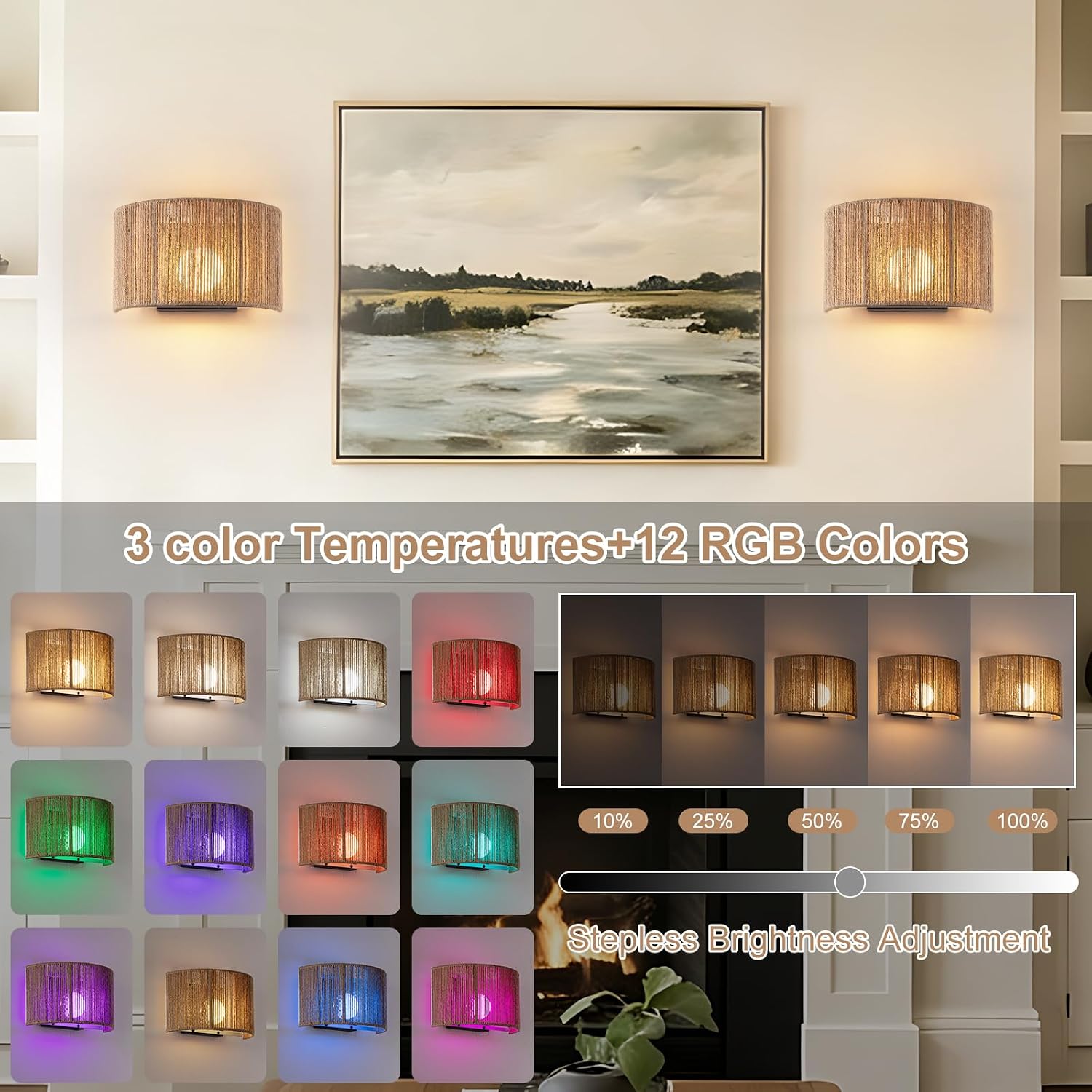 Rattan Battery Operated Wall Sconce Set of 2, Boho Rechargeable Wall Lamp image 4