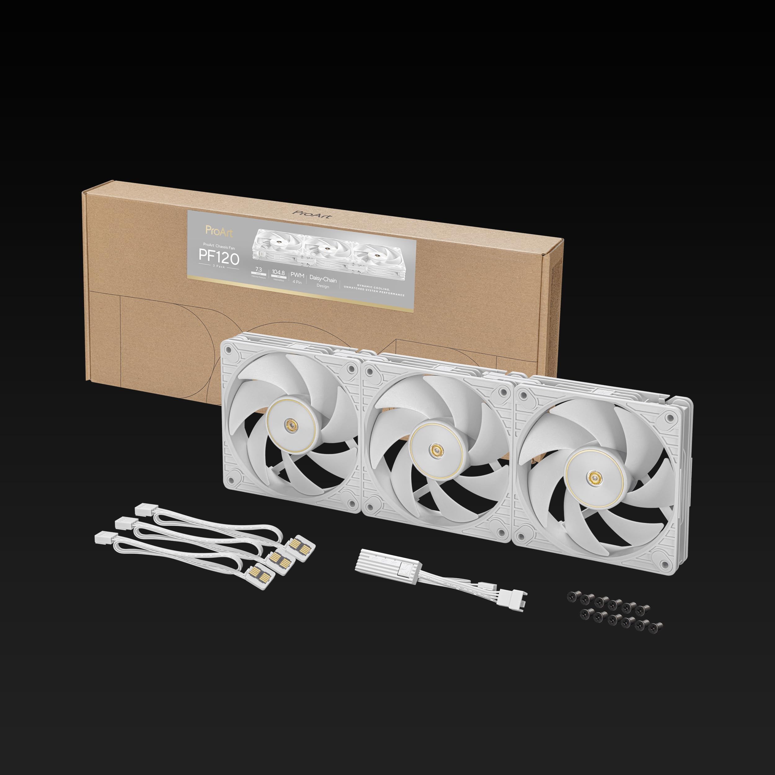 ASUS ProArt PF120 White Edition - Confezione da 3 ventole PWM da 120 mm, 3000 giri/min, flusso d'aria elevato/pressione statica, catena a margherita, controller