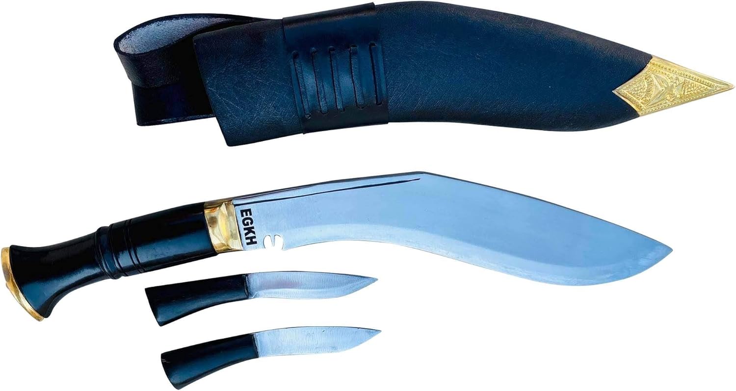 Authentic 10.5" Blade Service No. 1 Kukri Knife - Rat Tail Tang Water Buffalo Horn Handle, Black Leather Sheath Khukuri - Handmade in Nepal