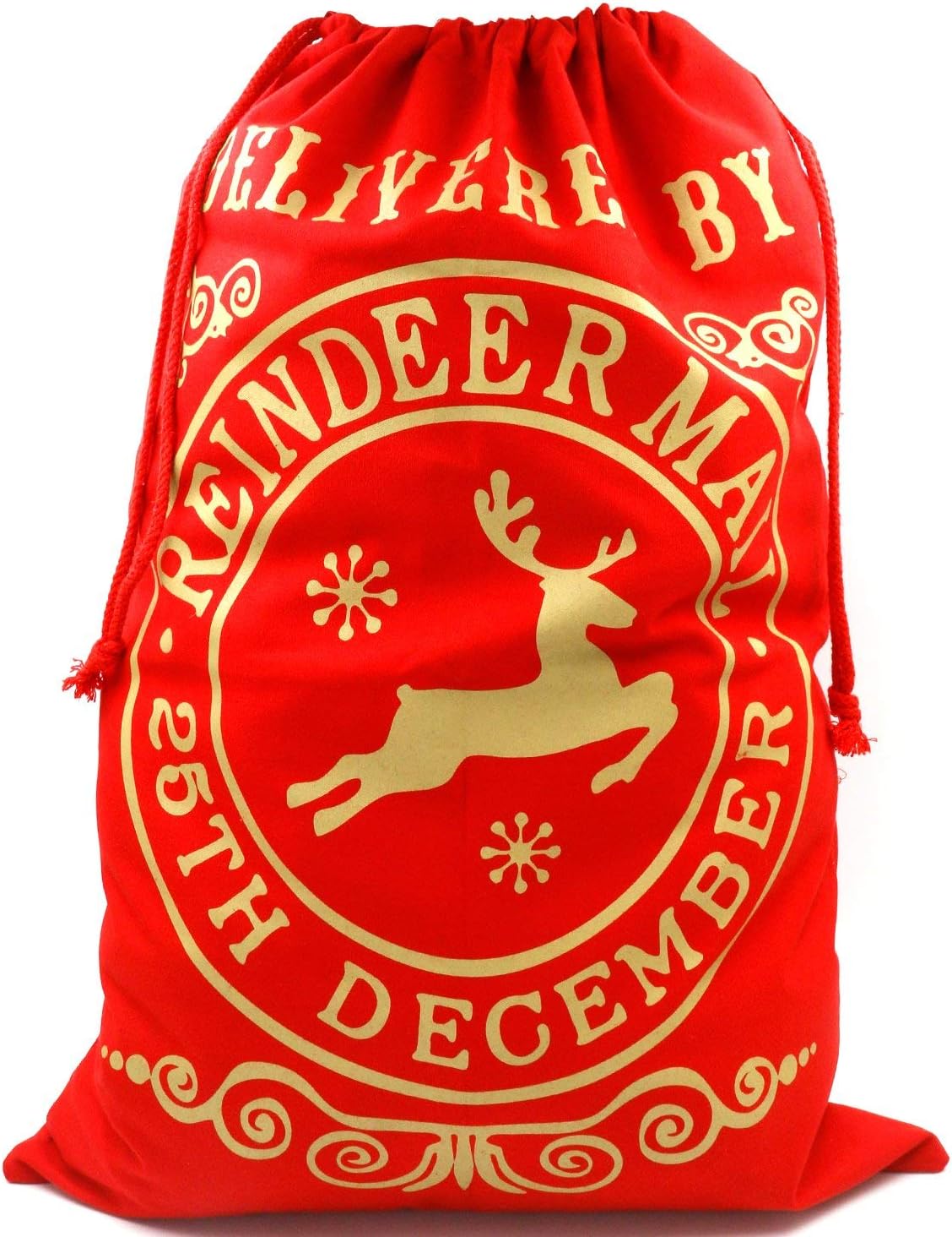 Santa Sack Red - Christmas Reindeer Post Style Draw String Present Bag Sack - Gift Wrapping - Large Capacity 70cm x 50cm