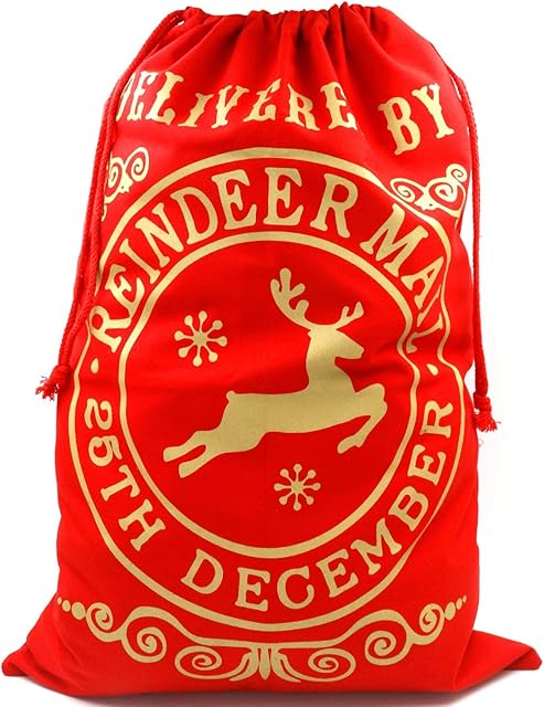 TRIXES Santa Sack Large Red, Christmas Reindeer Post Style, Draw String, Present Bag Sack, Festive Sack, Suitable for Both Adults and Children