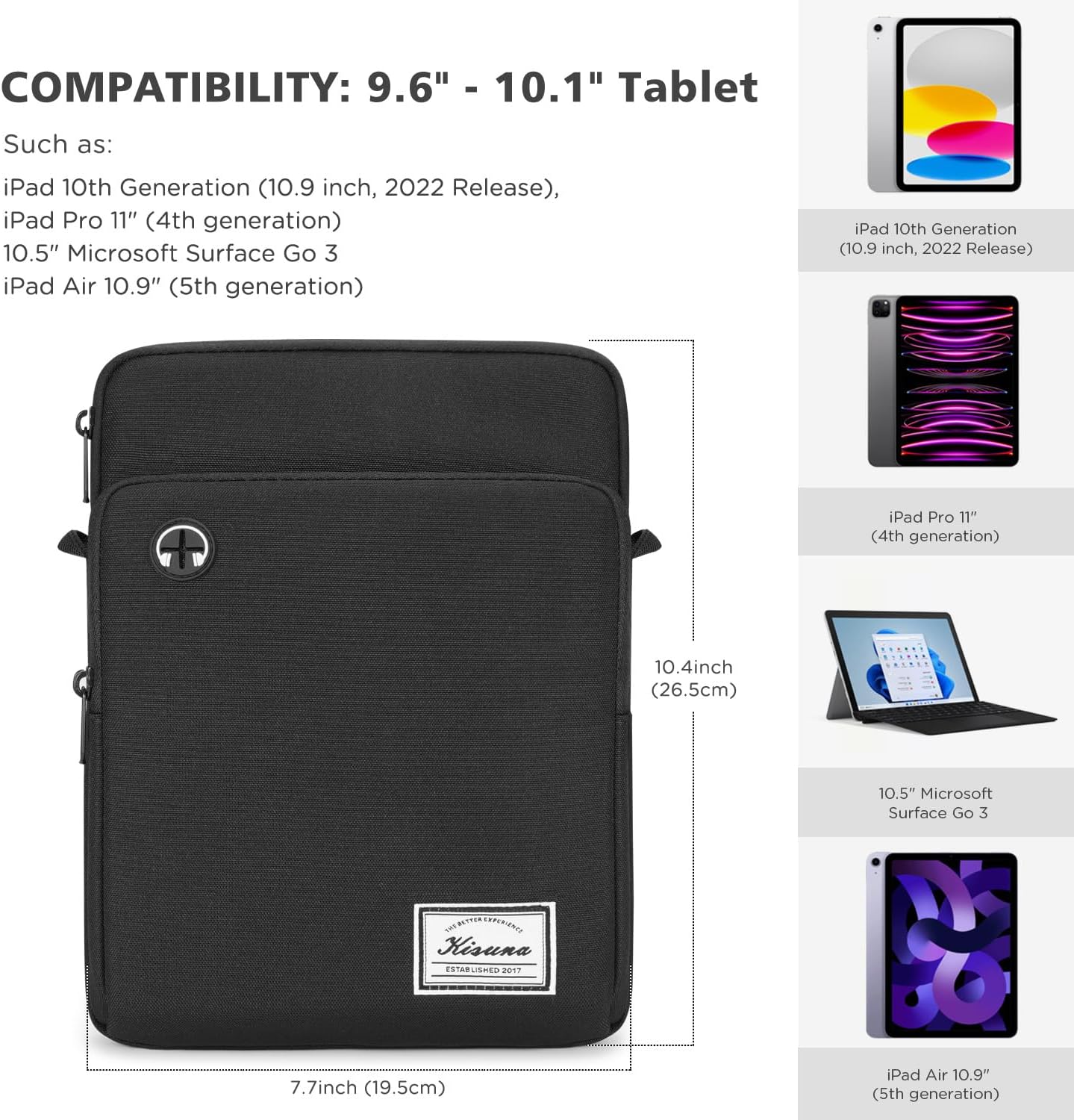 KIZUNA Tablet Sleeve Case 10 Inch Water Resistant Shoulder Messenger iPad Bag for 9.7" 10.5" 11" iPad Pro M2/10.9" iPad A14 Air 5/10.5" Surface Go 3/10.5" Samsung Galaxy Tab A S6/Huawei,Black - Image 5