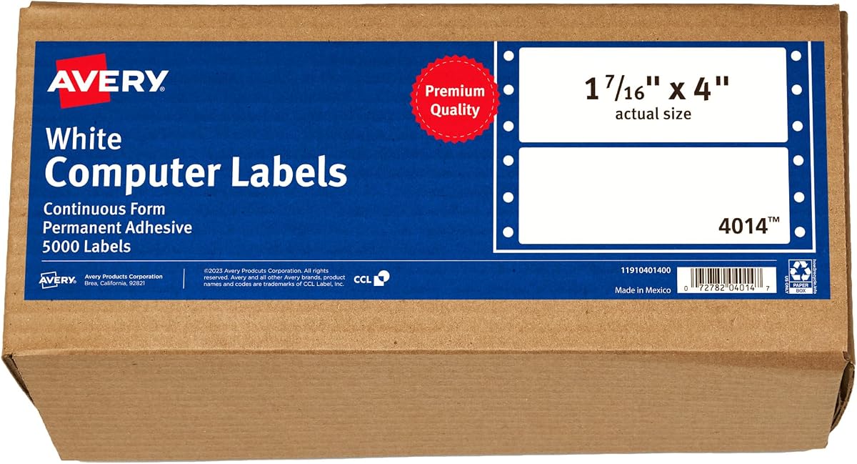 Avery White Computer Labels, 1-7/16" x 4", Dot Matrix and Pin-Feed Printer Compatible, 5,000 Total (4014)