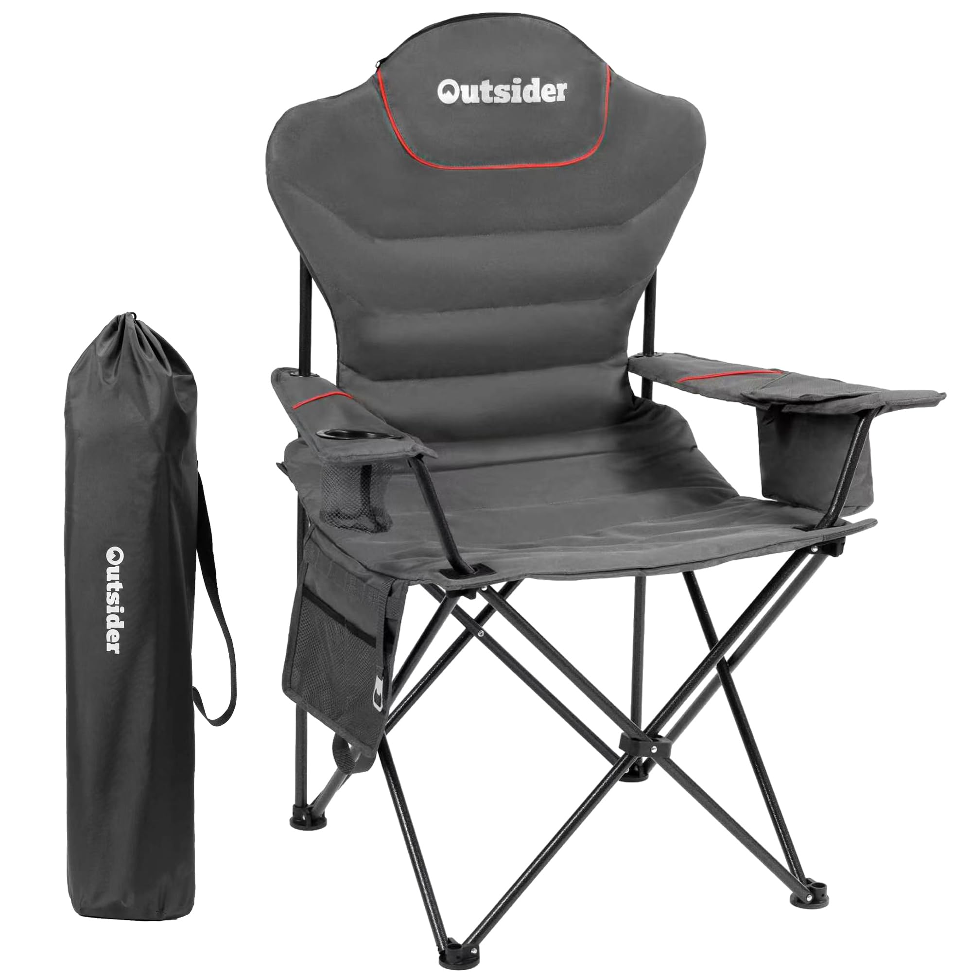 OUTSIDER Folding Camping Chair Heavy Duty Fishing Chair 150KG Oversized Outdoor Chairs with Cup Holder, Cooler Bag, Storage Pocket & Lumbar Support (Style-2, 1)