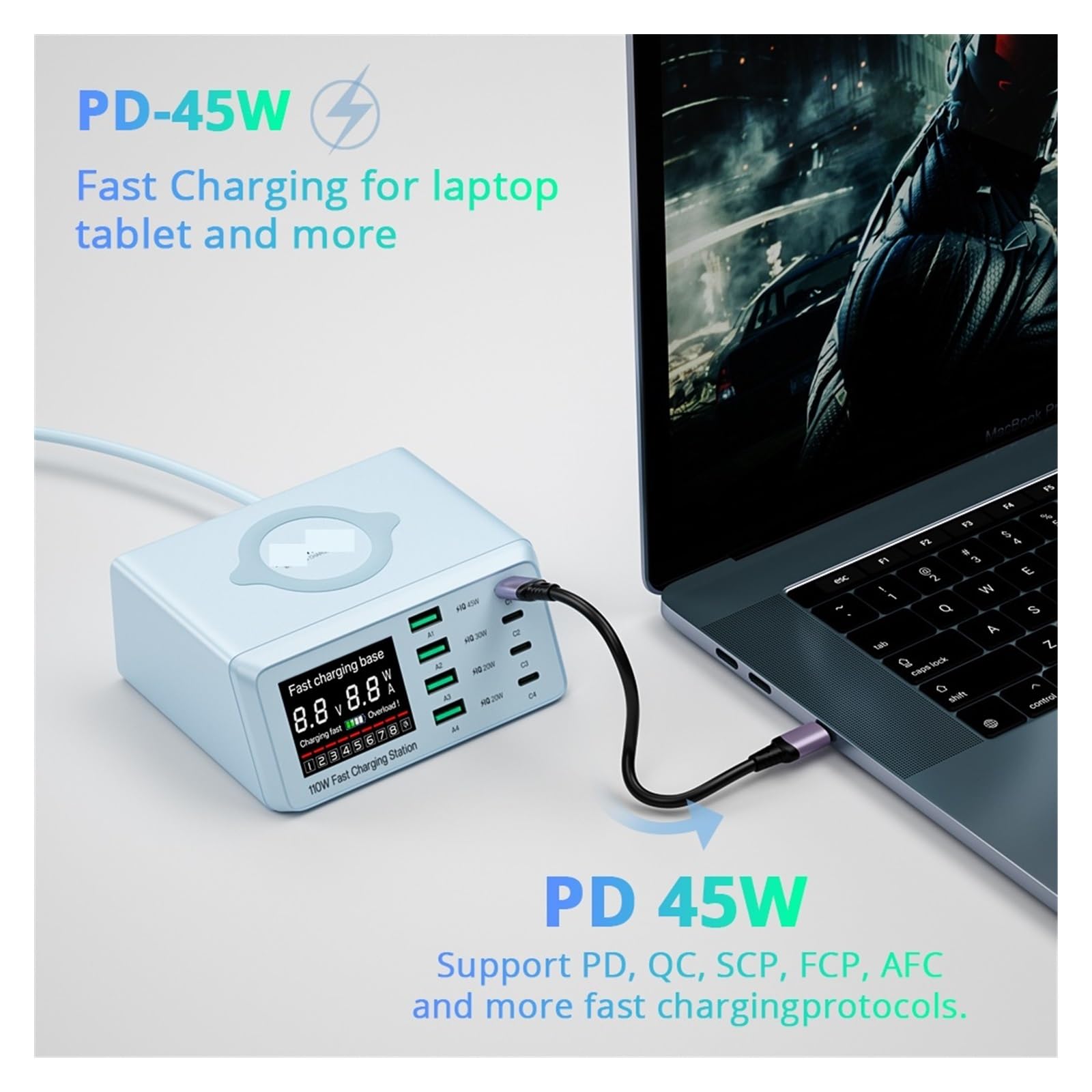 Caricatore USB Multiplo, Stazione di ricarica USB multipla da W, caricabatterie USB a ricarica rapida QC3.0 PD PPS per Smartphone(110W Blue)