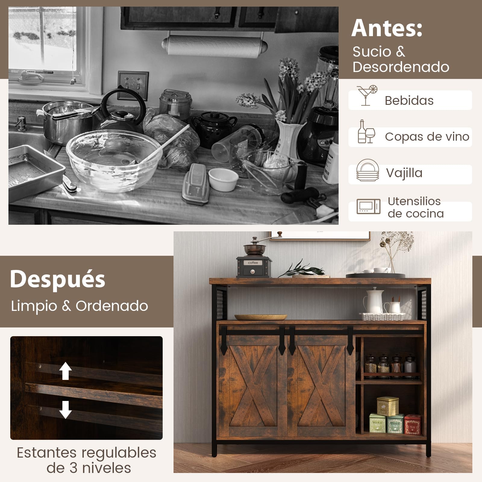COSTWAY Aparador, Aparadores para Salon con Estantes Ajustables de 3 Niveles, Puerta Corrediza, Compartimentos Abiertos, Aparador para Cocina, Sala de Estar, Comedor, Marrón Rústico (100 x 33 x 80 cm)