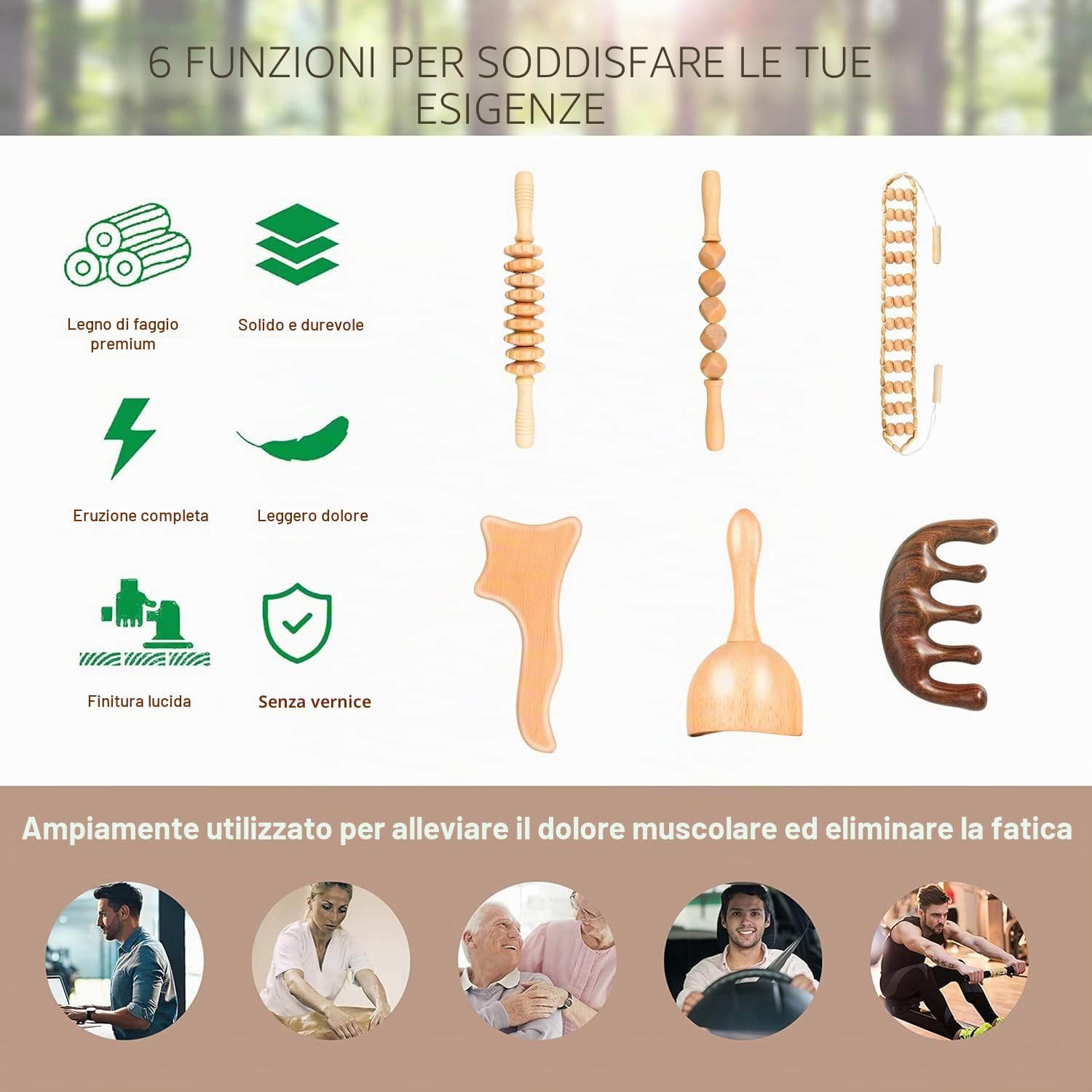 Strumenti per Massaggio Wood Therapy per Modellamento e Definizione del Corpo 7 Pezzi Kit Maderoterapia con Massaggiatore per Drenaggio Linfatico, Sollievo dal Dolore Strumenti in Legno per Scultura