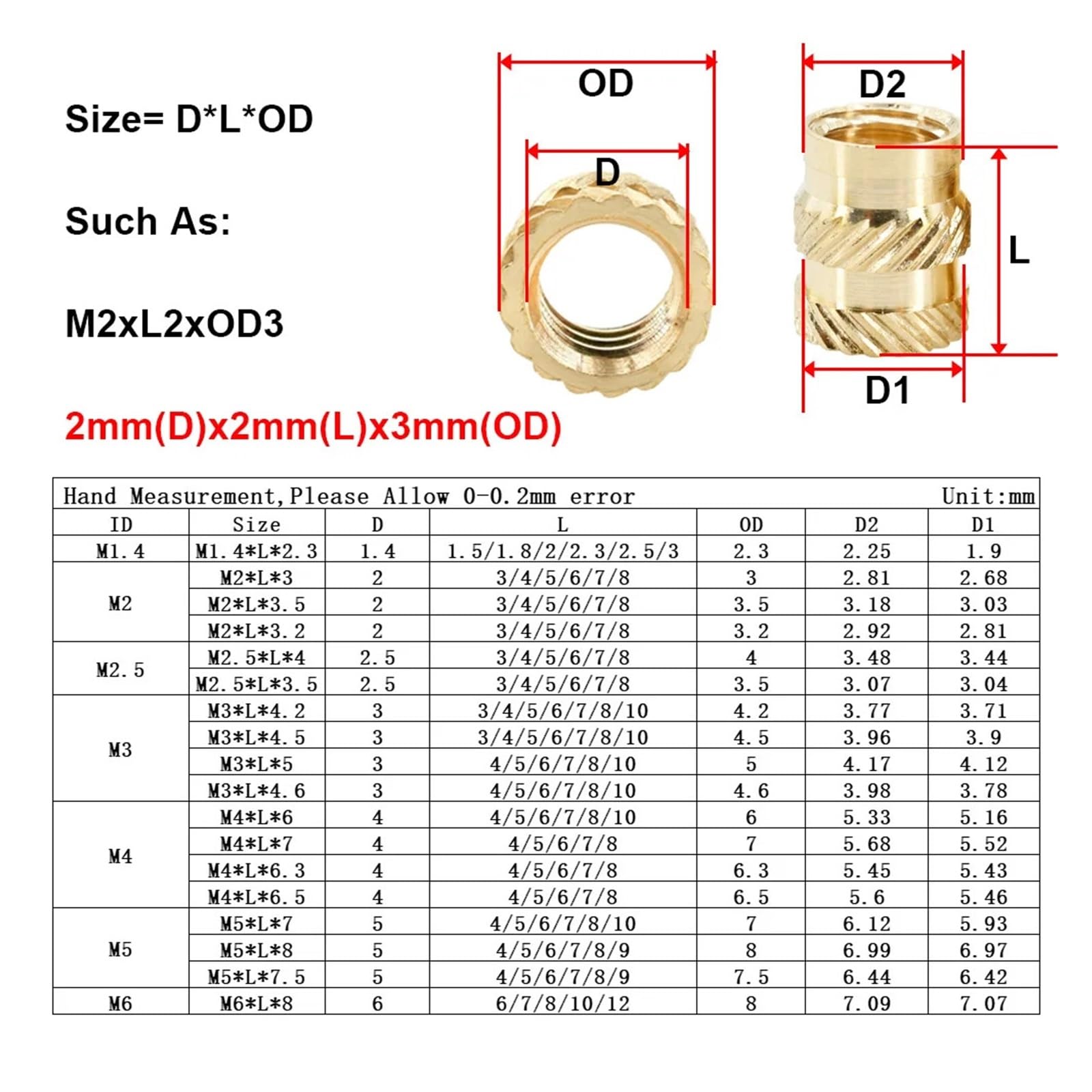 200/300/500 Uds tuerca de inserción de latón M2 M3 M4 M5 M6 insertos de rosca métrica tuercas de calor de fusión en caliente juego de tuercas de cobre de impresión 3d(500Pcs,M5x6x7)