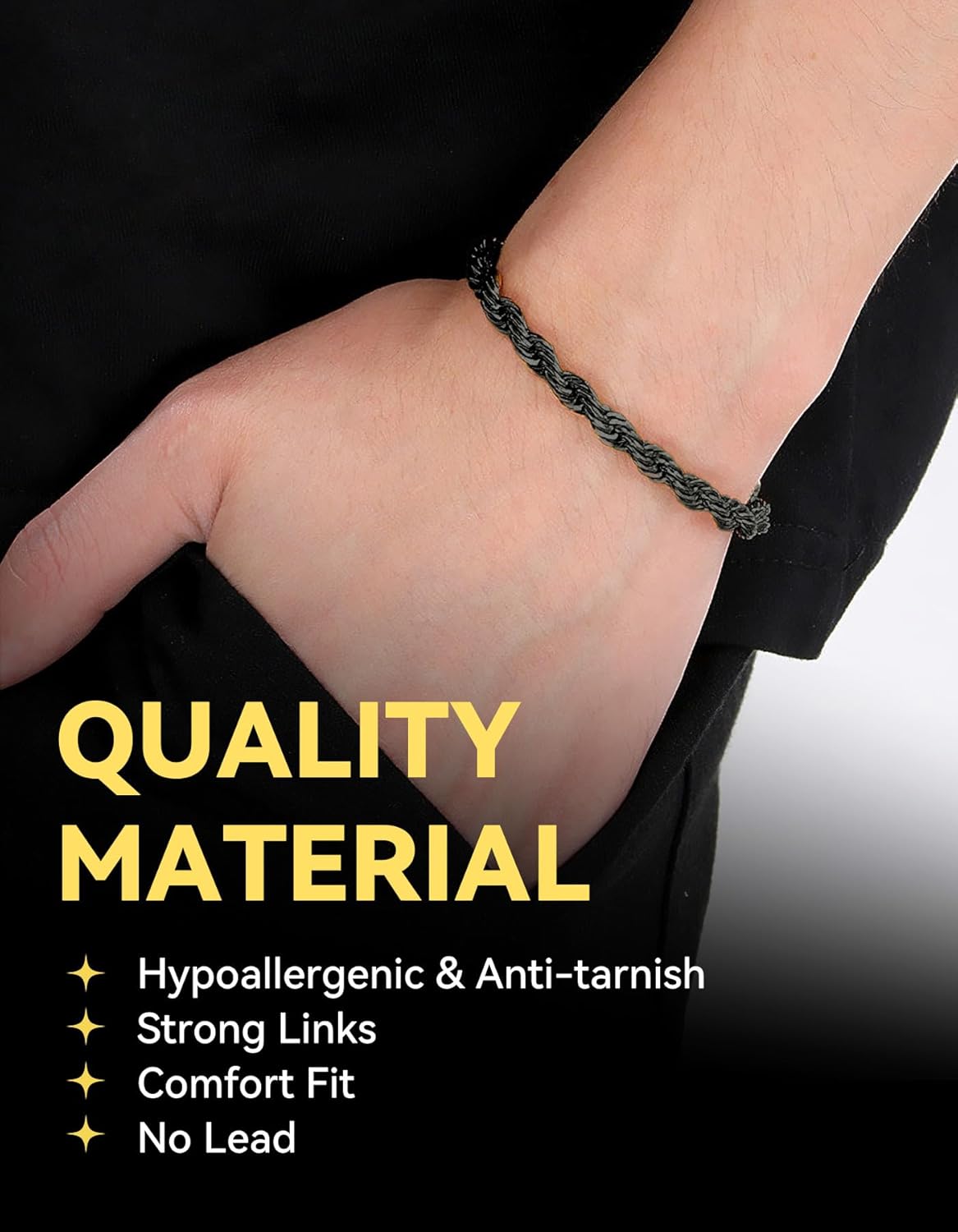 ChainsHouse Chain Bracelet for Men, Twisted Rope Bracelets Stainless Steel/Black/14K Gold Metal Plated Wrist Chain, 3mm/6mm Width, 8.3", Send Gift Box - Image 2