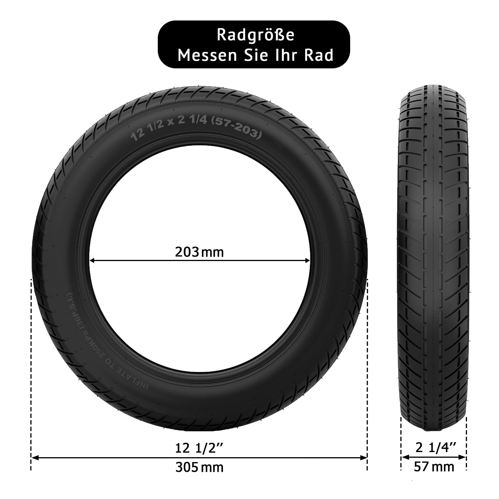 12 1/2 x 2 1/4 (57-203) Reifen & Schlauch Set mit 45° AV Edelstahl Winkelventil inkl. 2 Montierhebel – Ersatzrad für Kinderwagen, Laufrad, Kinderfahrrad & GoKart
