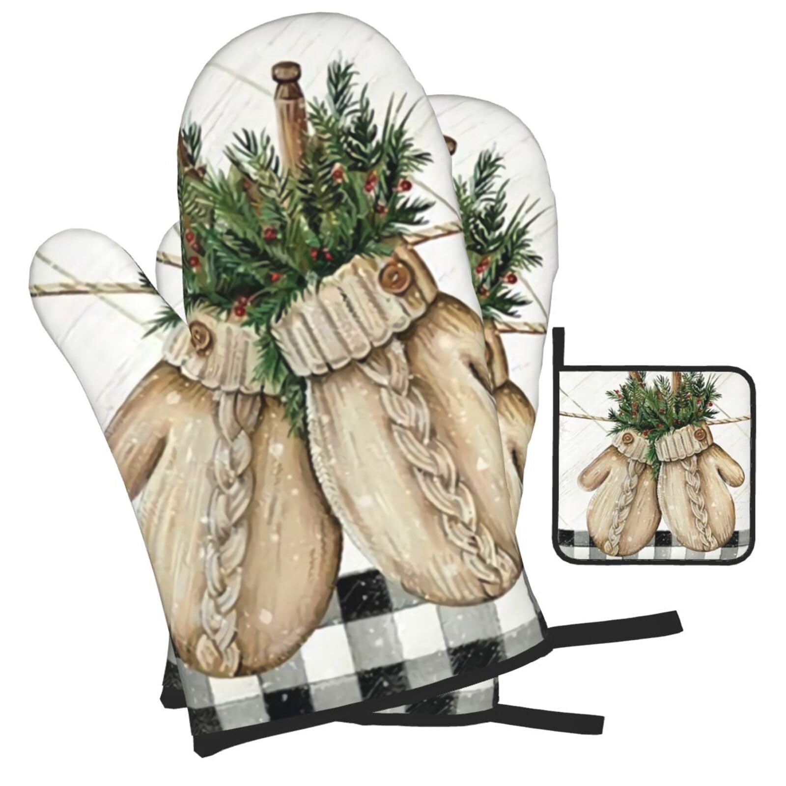Winter Mittens Printed Oven Mitts and Pot Holders Heat Resistant Set of 3 Pcs, Modern Kitchen Gloves & Potholders for Cooking Baking Grilling