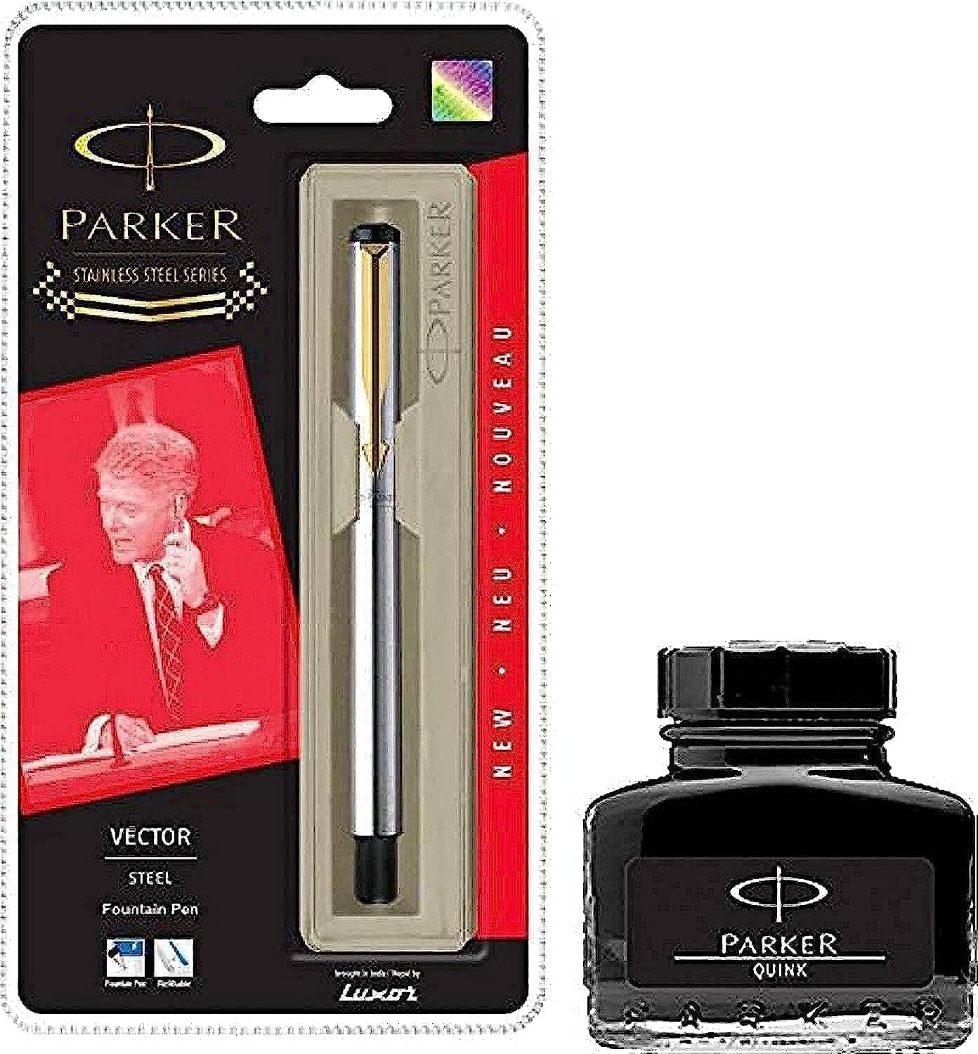 Parker Vector Stainless Steel (Gold Nib) GT Fountain Pen + 1 Black Ink