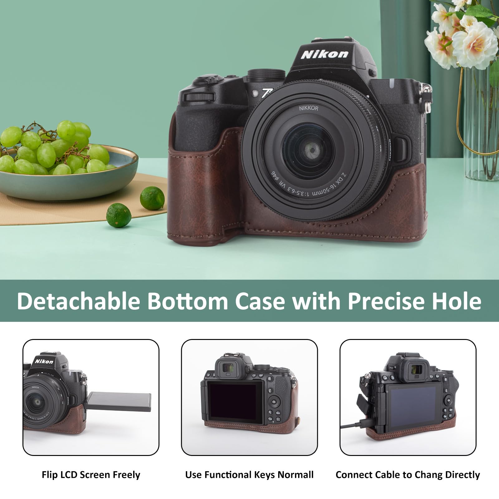MUZIRI KINOKOO Etui do aparatu Nikon Z50 II z obiektywem DX 16-50 mm, etui ochronne ze skóry PU Z50 II/Z50II – zdejmowany futerał z paskiem na ramię i małymi pierścieniami, Kawa, Etui na aparat