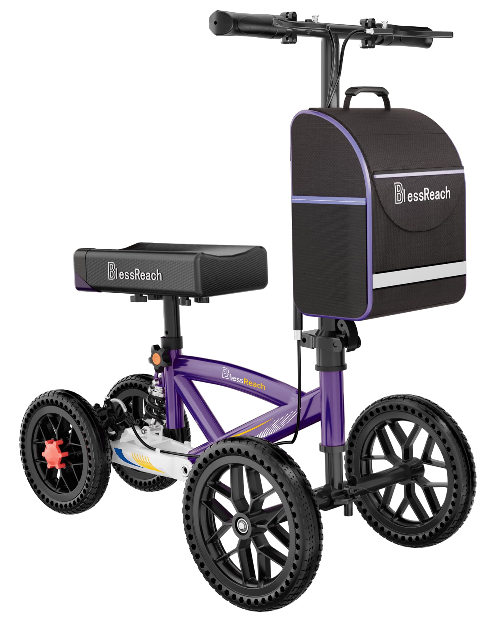 blessreach all terrain foldable knee scooter walker, disc brake knee walker for foot injuries, compact crutches alternative (purple)