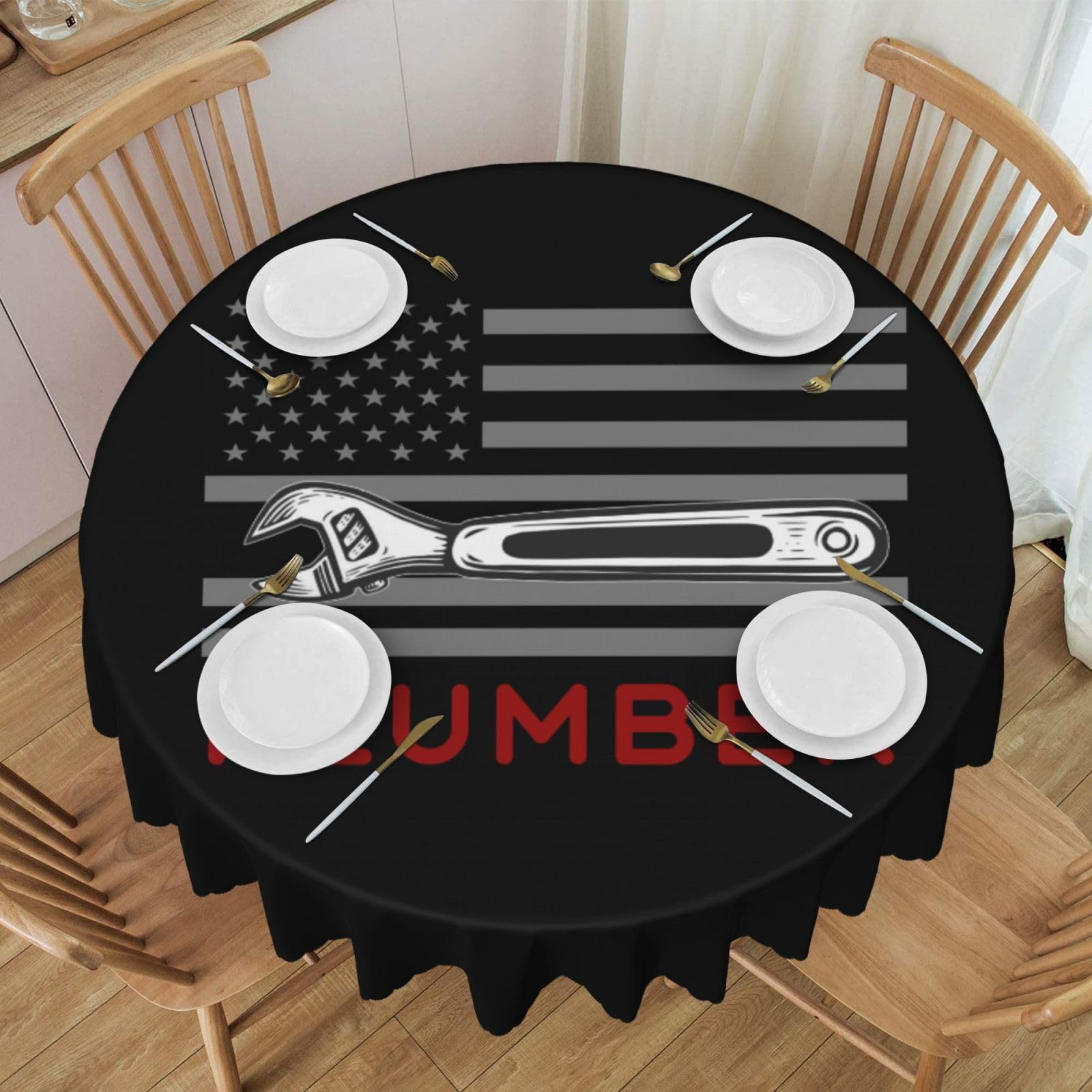 Tablecloth Round 60 Inch Washable Table Cover Plumber Plumbing America Flag Table Cloth for Picnic Kitchen Dining Camping Party Decor
