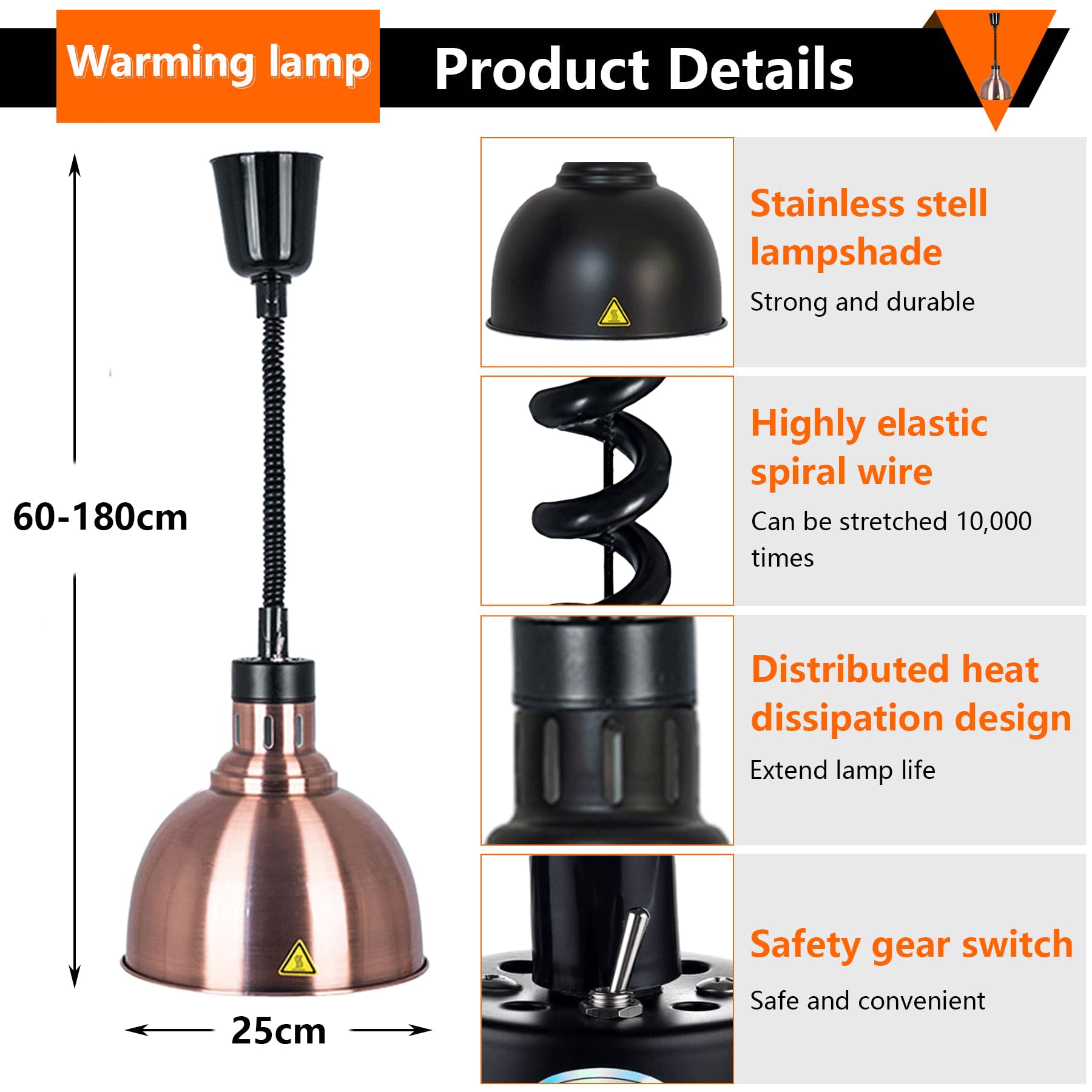 Lampada Riscaldante per Alimenti, 250W Lampada per Scaldavivande Professionale, Lampade Riscaldanti Cucina Regolabile per Buffet, Pizzeria e Hotel, Altezza Regolabile 60-180cm (Nero, 2PC)