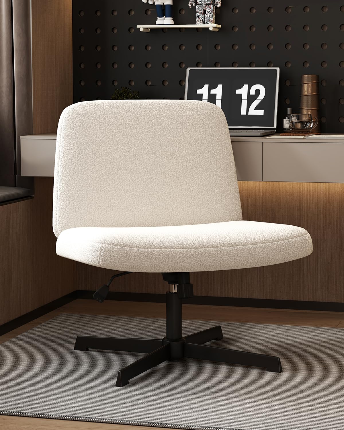 Armless Criss Cross Chair Comfy Office Chair Home Office Desk Chair Computer Chair Vanity Chair for Bedroom, Makeup Room, Living Room Chairs (Normal Large Seat, Milky White)