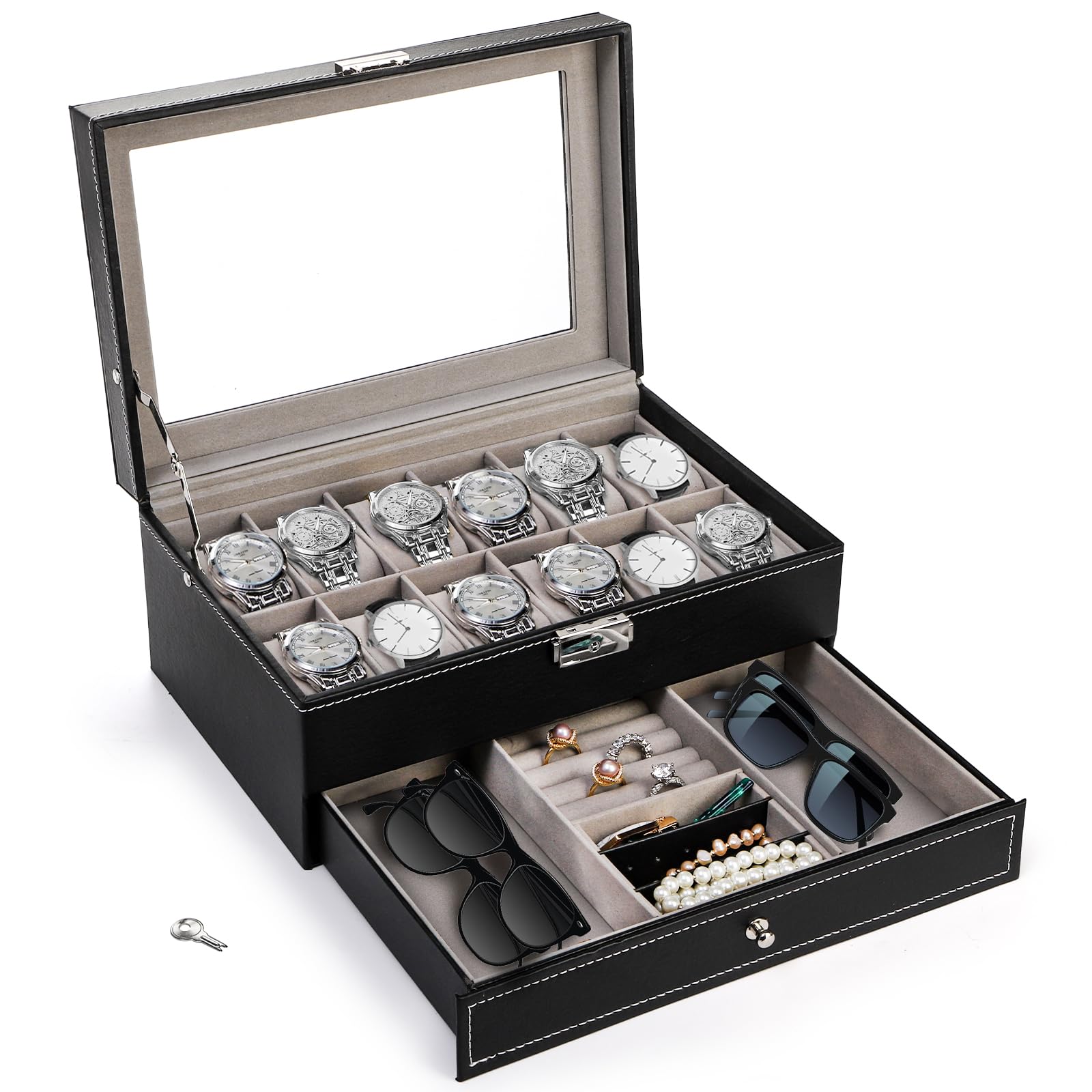 Tebery Boîte à montres verrouillable à 12 emplacements avec couvercle en verre, support de montre à 2 niveaux avec 1 tiroir pour bagues et bracelets, cadeau pour petit ami, fête des pères,
