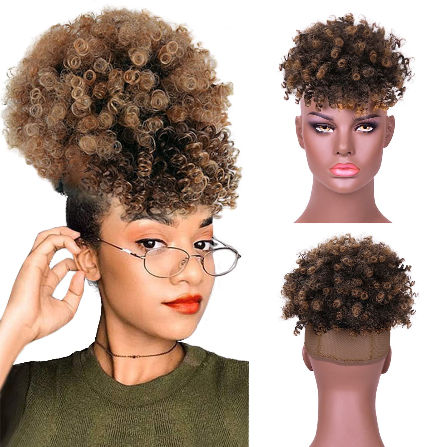 Afro Puff Drawstring Ponytail with Bangs for Black Women Short Kinky Curly Ponytail Extension Pineapple Updo Hair for Black Women(#T27)