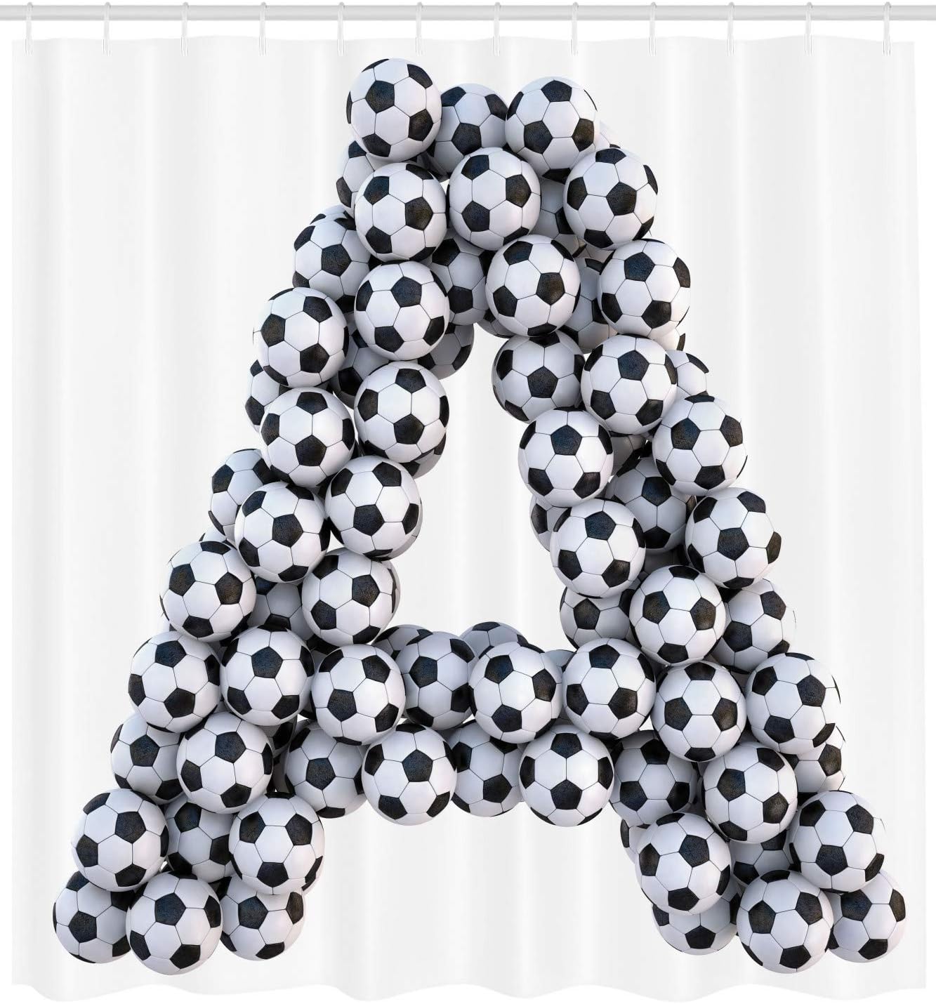 Ambesonne Letter a Shower Curtain, Realistic Soccer Balls in Form of Capital Sports Play League Competition Theme, Cloth Fabric Bathroom Decor Set with Hooks, 69" W x 75" L, White and Charcoal