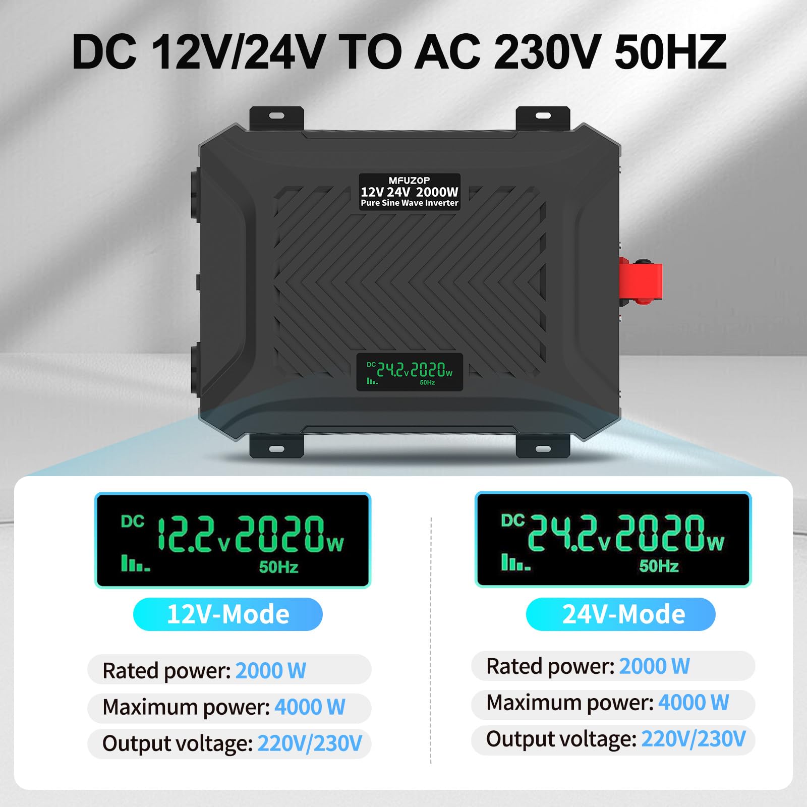 MFUZOP Inverter Onda Sinusoidale Pura 2000W/4000W Power Inverter DC 12V/24V a AC 220V/230V Convertitore con 2 prese AC, 1 porta Type-C, 1 porta USB 5V 2.1A & LCD-Display(12V/24V-2000W)