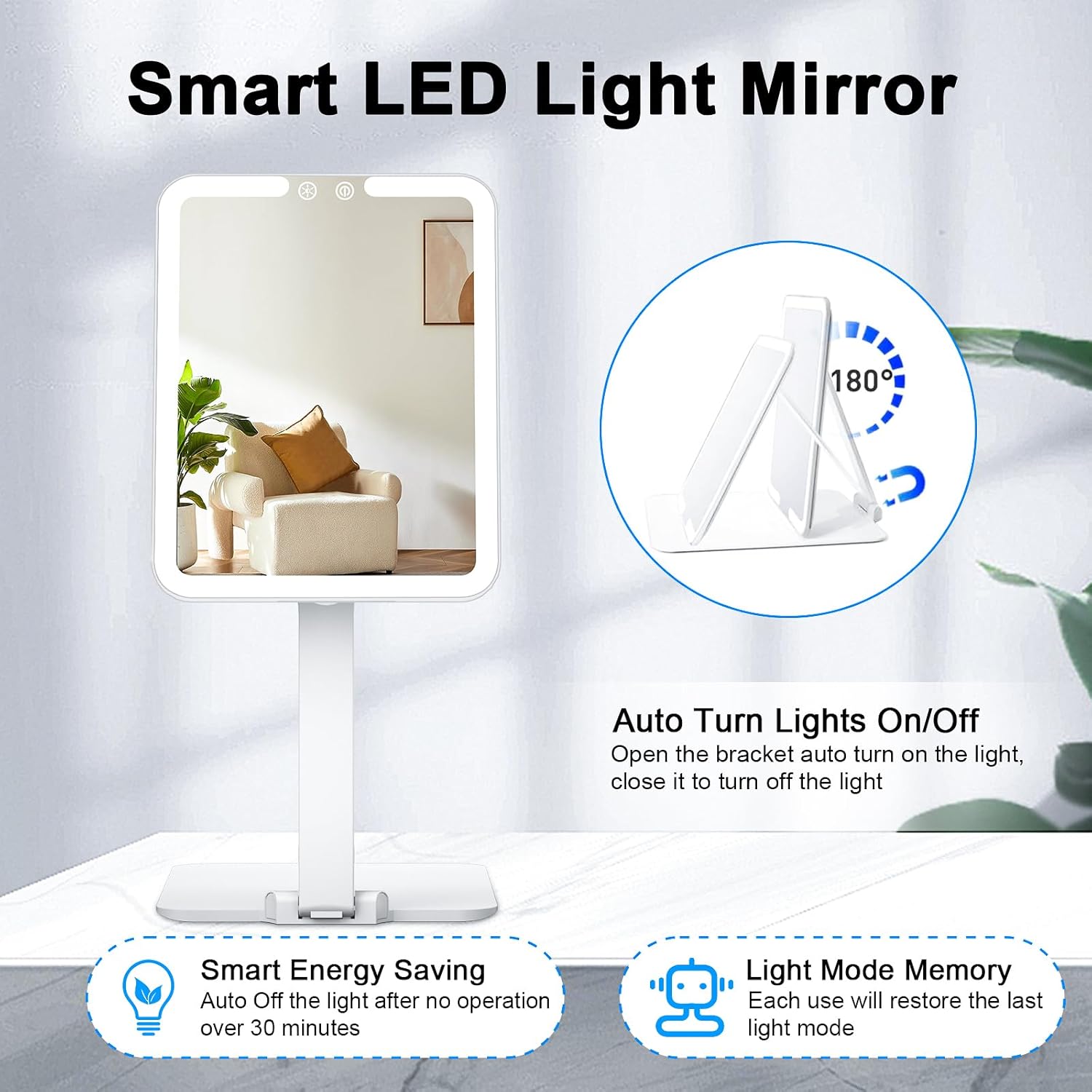 Travel Makeup Mirror with Light, Portable Folding Make Up Tabletop Mirror with 3 Colors Light Modes & 10X Magnifying Mirror, Rechargable Vanity Mirrors with Adjustable Stand