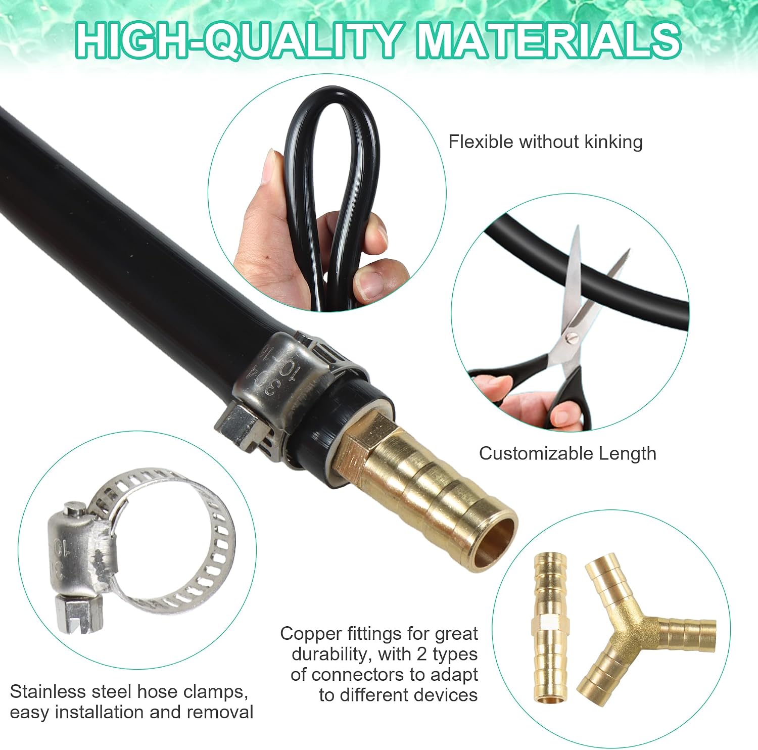 Goldlife A0 Self Sinking Aeration Hose,3/8 inch 100ft Weighted Aerator Tube Kit with Straight & 3-Way Copper Menders, Stainless Steel Hose Clamps, Flexible Airline for Pond, Lake, Aquaculture, Garden