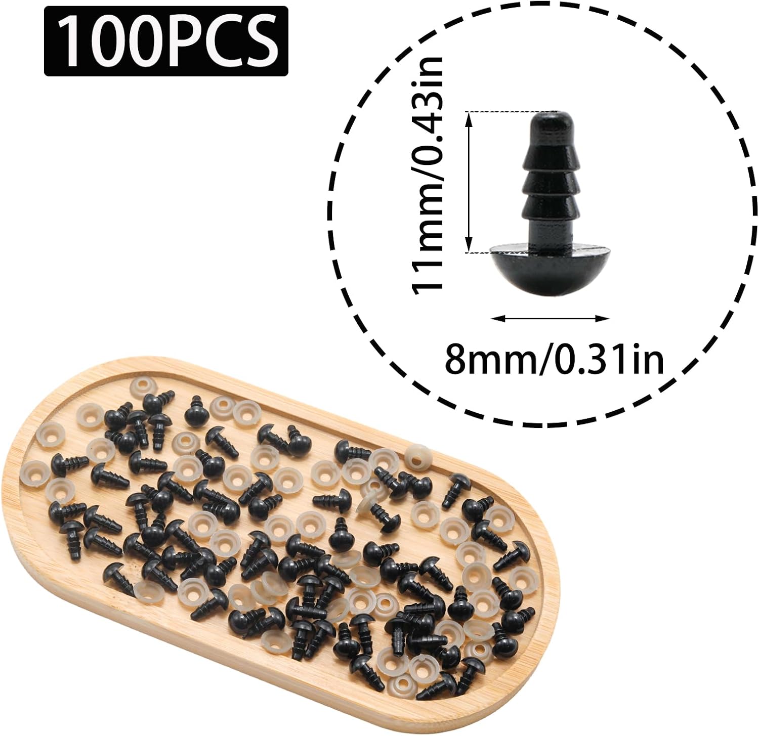 Funstreet 100 Pcs Black Safety Eyes with Washers 8mm Solid Plastic Safety Eyes for Stuffed Animals Dolls DIY Making