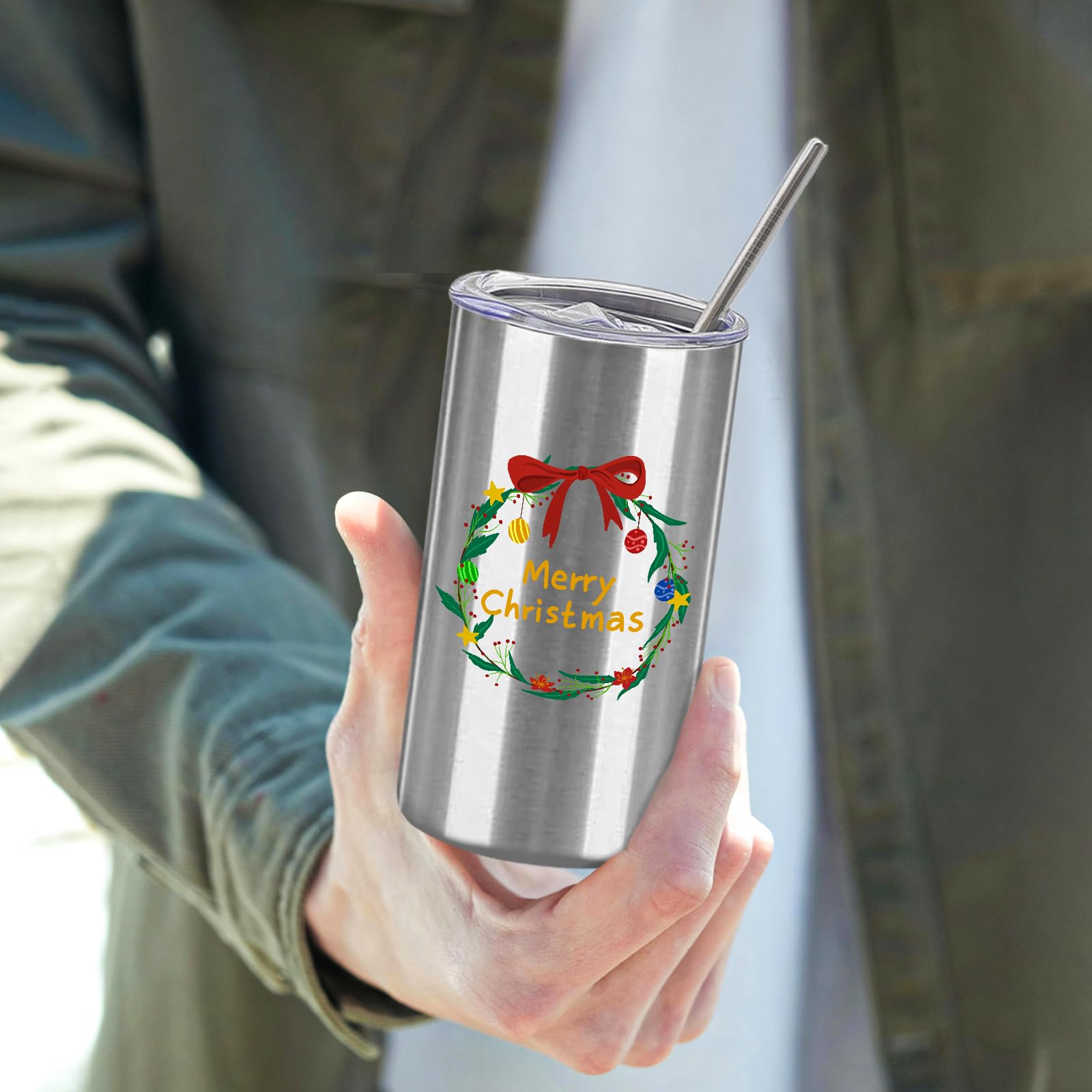 YOUKE OLA Trinkgläser, Rohlinge, schmal, gerade, Edelstahl, doppelwandig, isolierte Wasserflaschen mit Deckel und Strohhalm, für DIY-Geschenk, 340 ml, Silber, 16 Stück