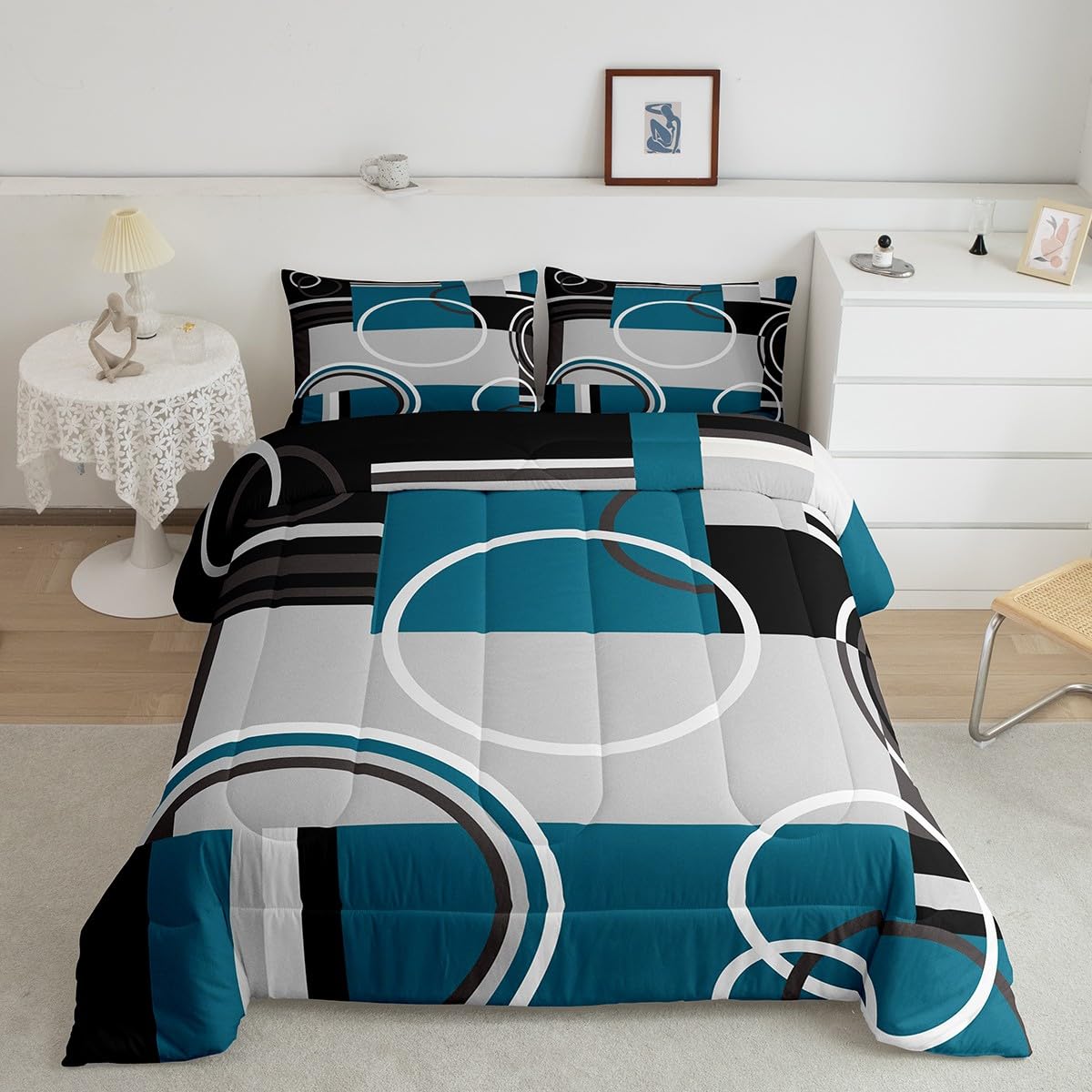 Erosebridal Modern Turquoise Decor Comforter Set Gray Black Blue Stripe Geometric Down Comforter Queen Size Retro Circle Swirls Bedding Set Modern