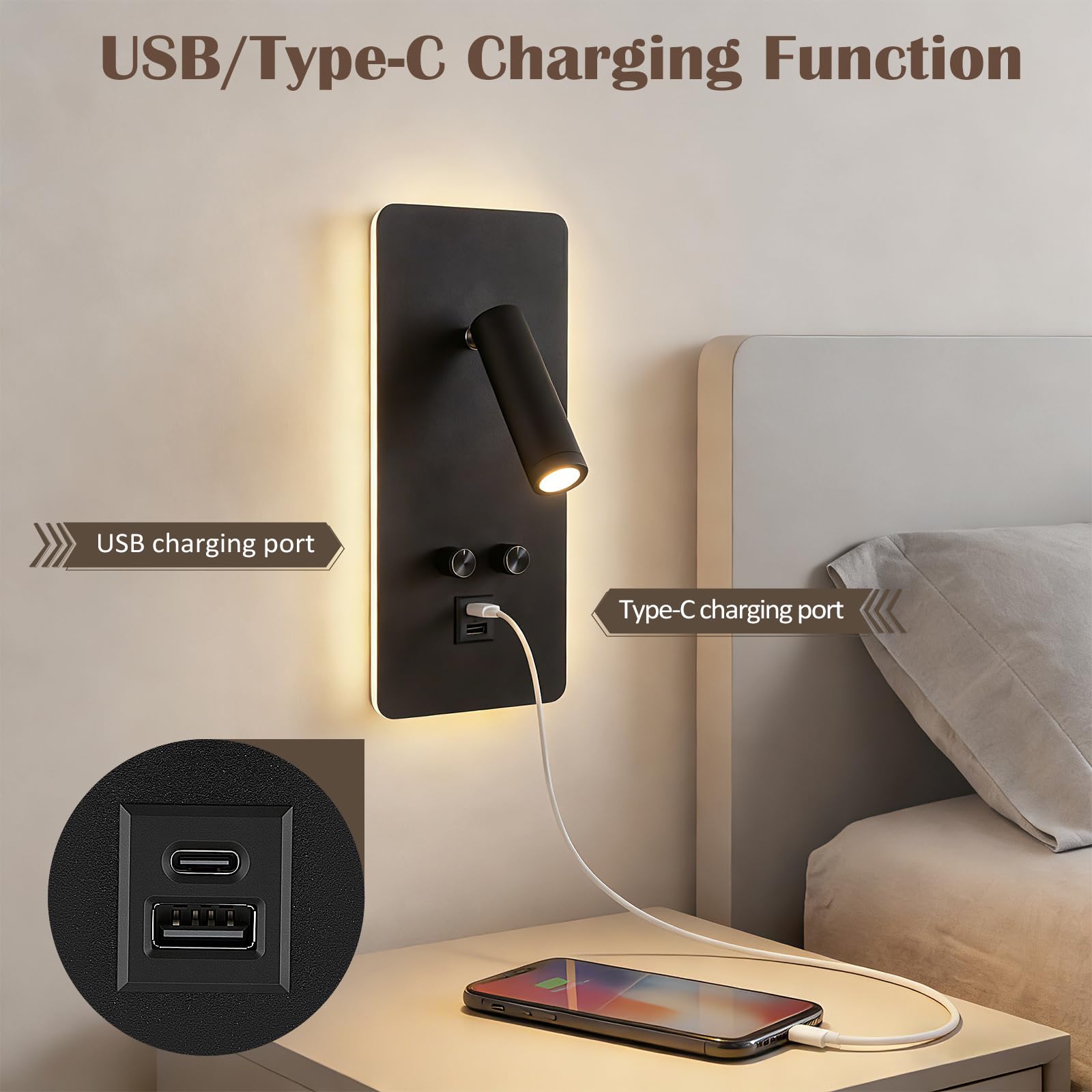 2Pcs Lampada da Lettura, Lampada da Parete a LED con Iinterruttore e ricarica USB, lampada da lettura a parete 3W+9W 3000K, Applique da Lettura Regolabile, 350 ° Letto Rotante Luce di Lettura(A)