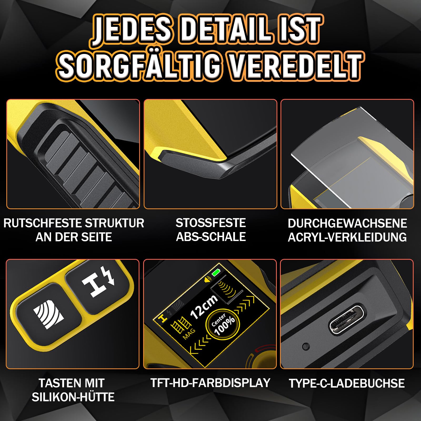 WD-02 Wandscanner Ortungsgerät, Leitungssuchgerät mit TFT-Display & Positionierungsloch, Wandmetalldetektor für Mitte und Kante von Holzständern, Metallteilen, Kabeln, Rohren und Balken