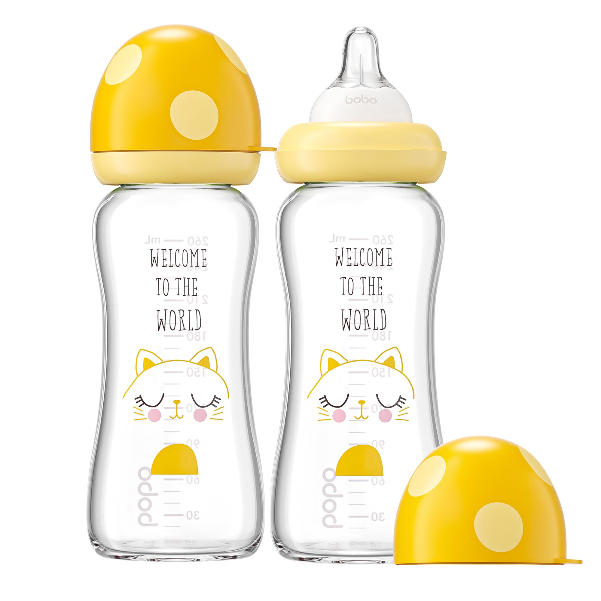 YOHKOH Natural Glass Baby Bottle with Level 2 Medium Flow Nipple, Newborn Anti-Colic Baby Bottles, Wide Neck Mushroom Baby Glass Bottle (8.8ounce (