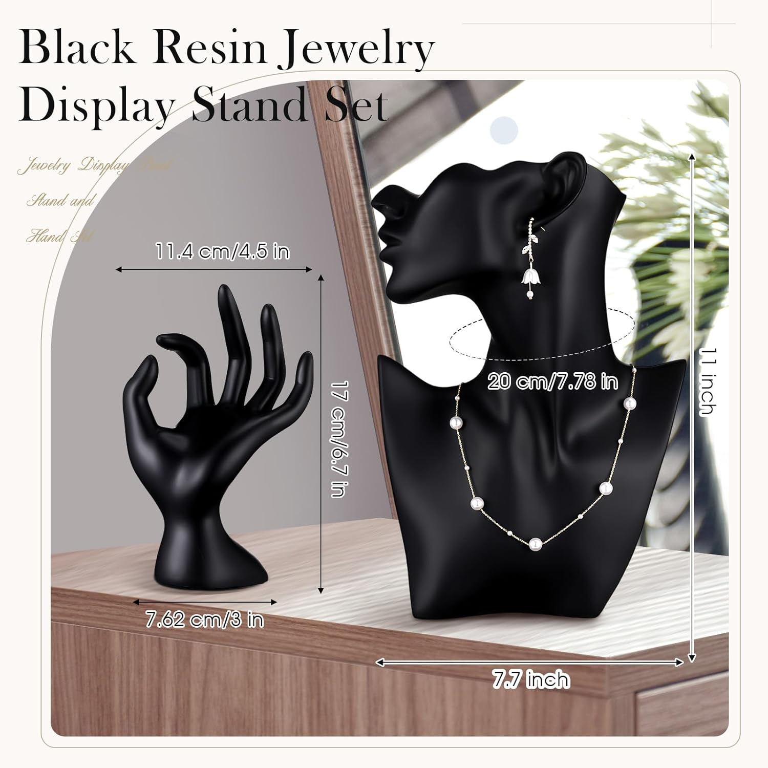 2 Pcs Resin Jewelry Mannequin Display Set Including Boutique Bust Holder and Hand Ring Holder Necklace Stand Display Earring Holder Organizer for Bracelets Pendant Shows Selling (Black) - Image 2