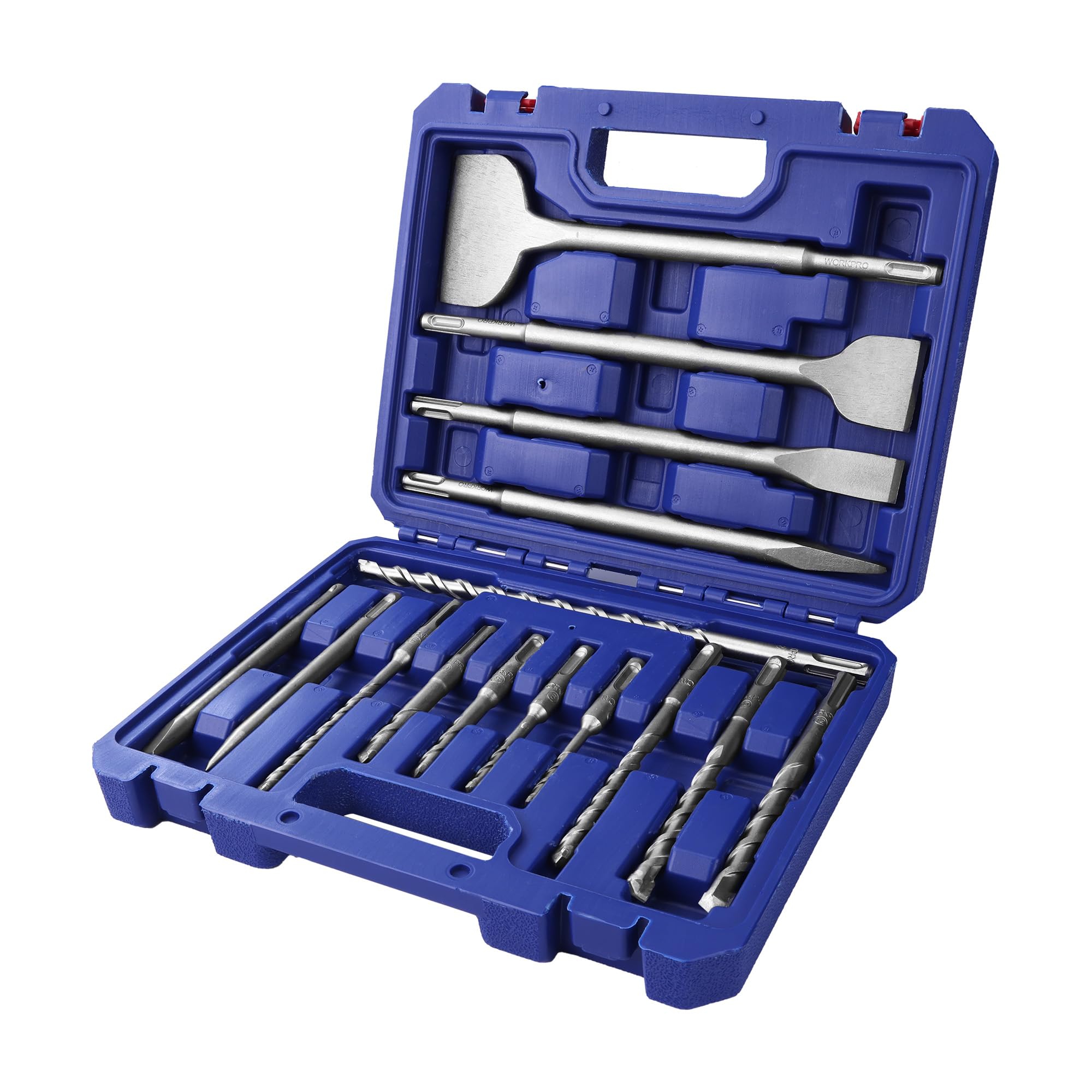 WORKPRO Set da 15 punte da trapano SDS-Plus, set di punte per trapano con mezzi punta e punta piatta per mattoni, cemento, pietra, calcestruzzo e muratura, accessori per martello perforatore
