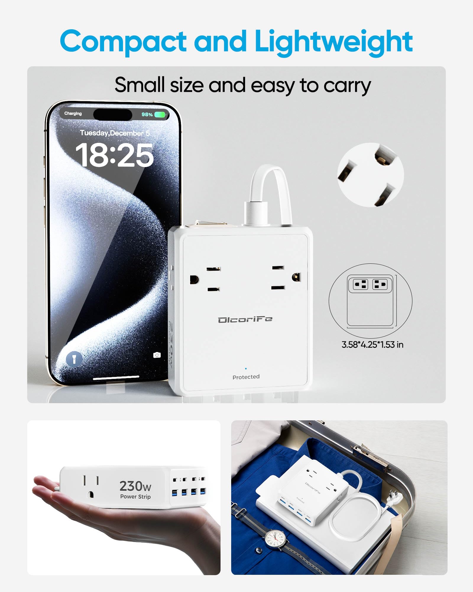 Olcorife - Multiprise USB 230 W, câble d'extension plat de 1,5 m avec 4 prises AC, 8 ports USB (4 USB C et 4 USB A) Protection contre les surtensions 2000 bandes de juillet