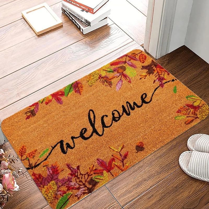 Leaves Pumpkins and Welcome Letter Welcome Rug Doormat Living Room Bedroom Entrance Door Floor Foot Mat Home Decoration A4 1'4" x 1'11" (Rectangular)