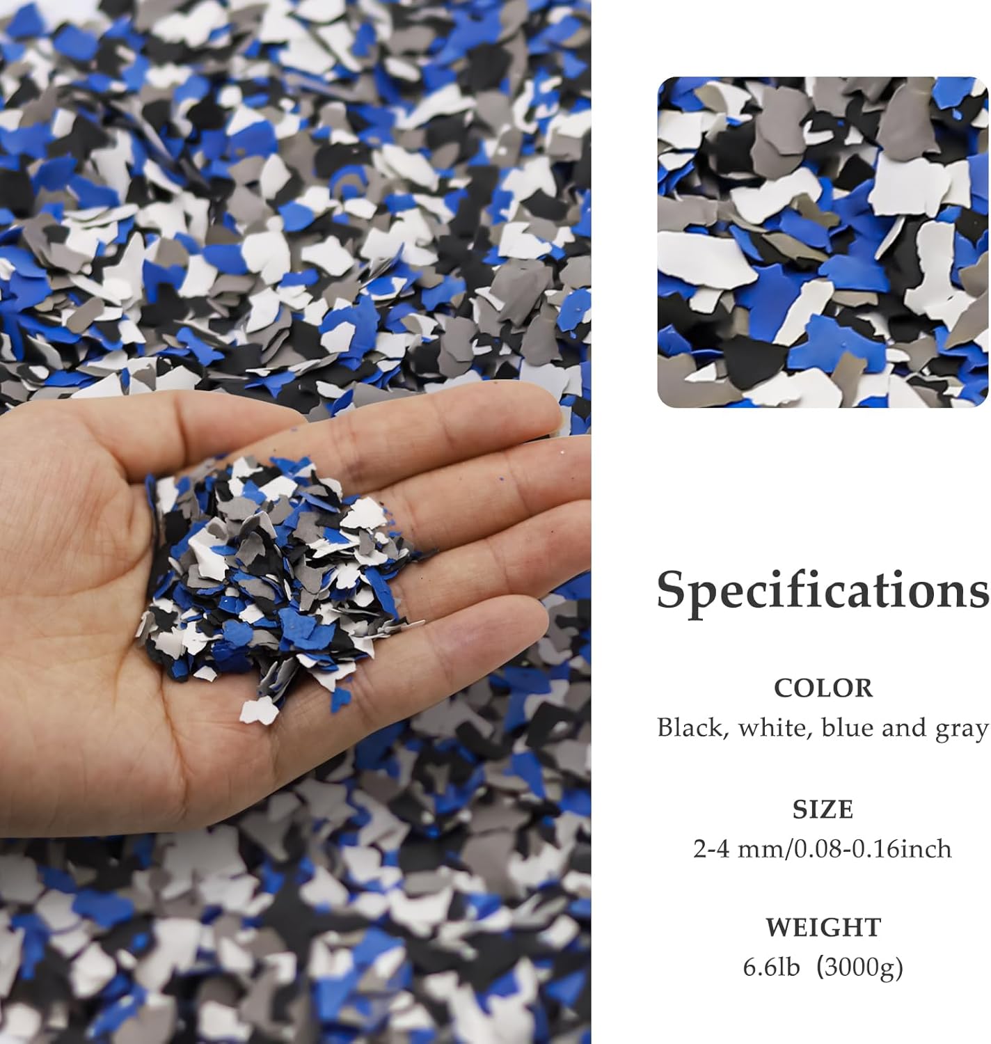 Epoxy Floor Flakes for Garage, Blend Color Chips Concrete Floor Coatings Decorative Paint Flakes for Walls Paint Interior Exterior (Black,White,Blue,Grey, 6.6lb)
